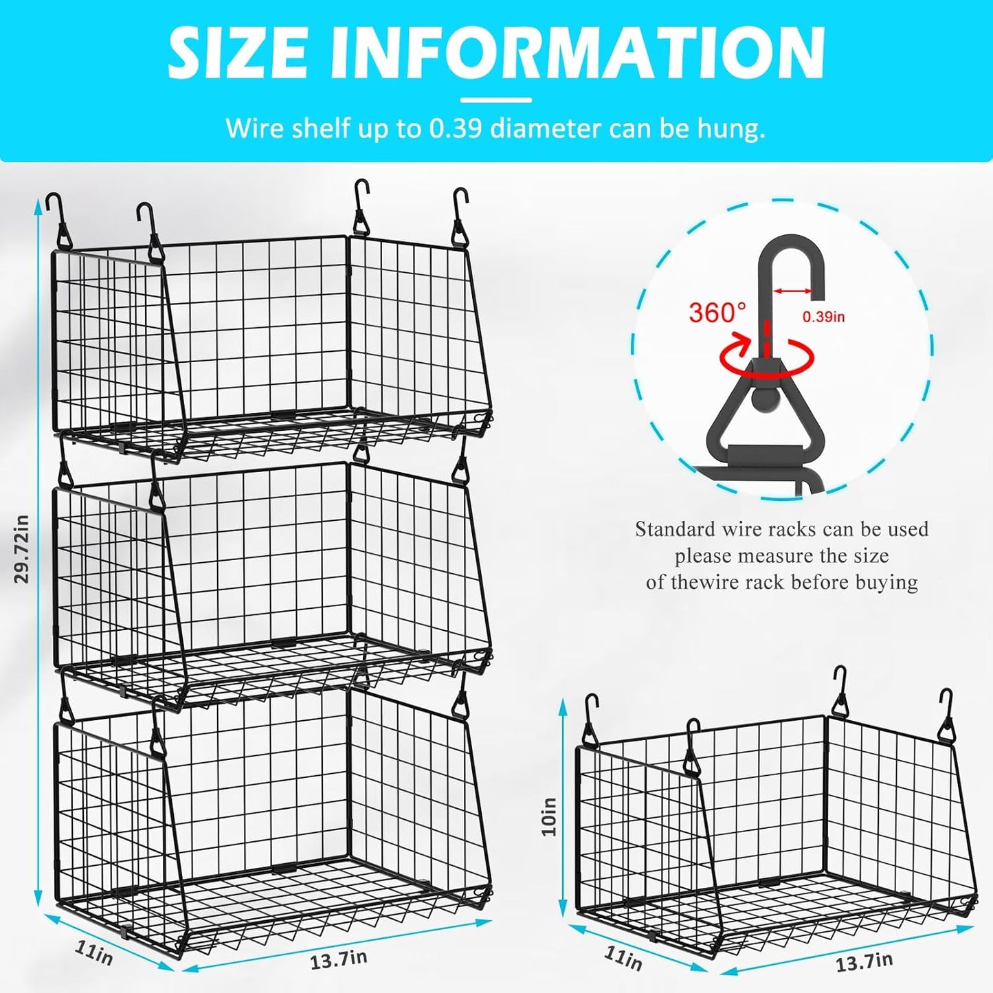 3-Pack Hanging Laundry Room Organizaton：Foldable Laundry Basket Wire Basket with 360°Rotating Hooks Small Space Organization Over Washer and Dryer Shelves - Hanging Closet Organizer, Black Patent