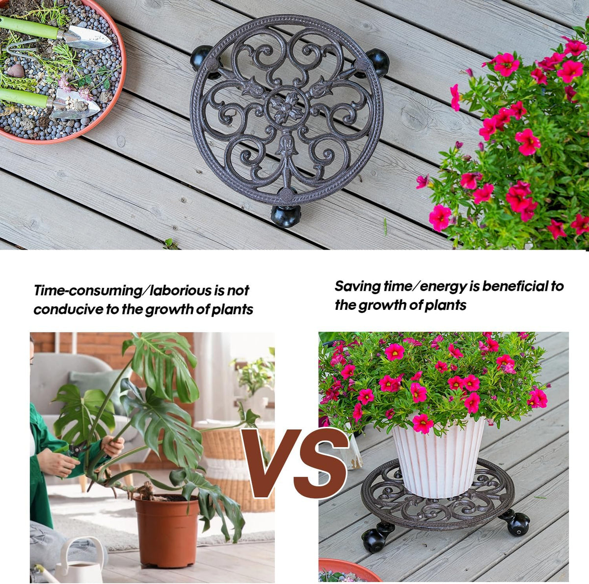 Sungmor Heavy Duty Cast Iron Plant Caddy,11" Round Potted Plant Stand Flower Pot Rack on 3 Solid Wheels,Indoor Outdoor Planter Holder Trolley Casters Rolling Tray