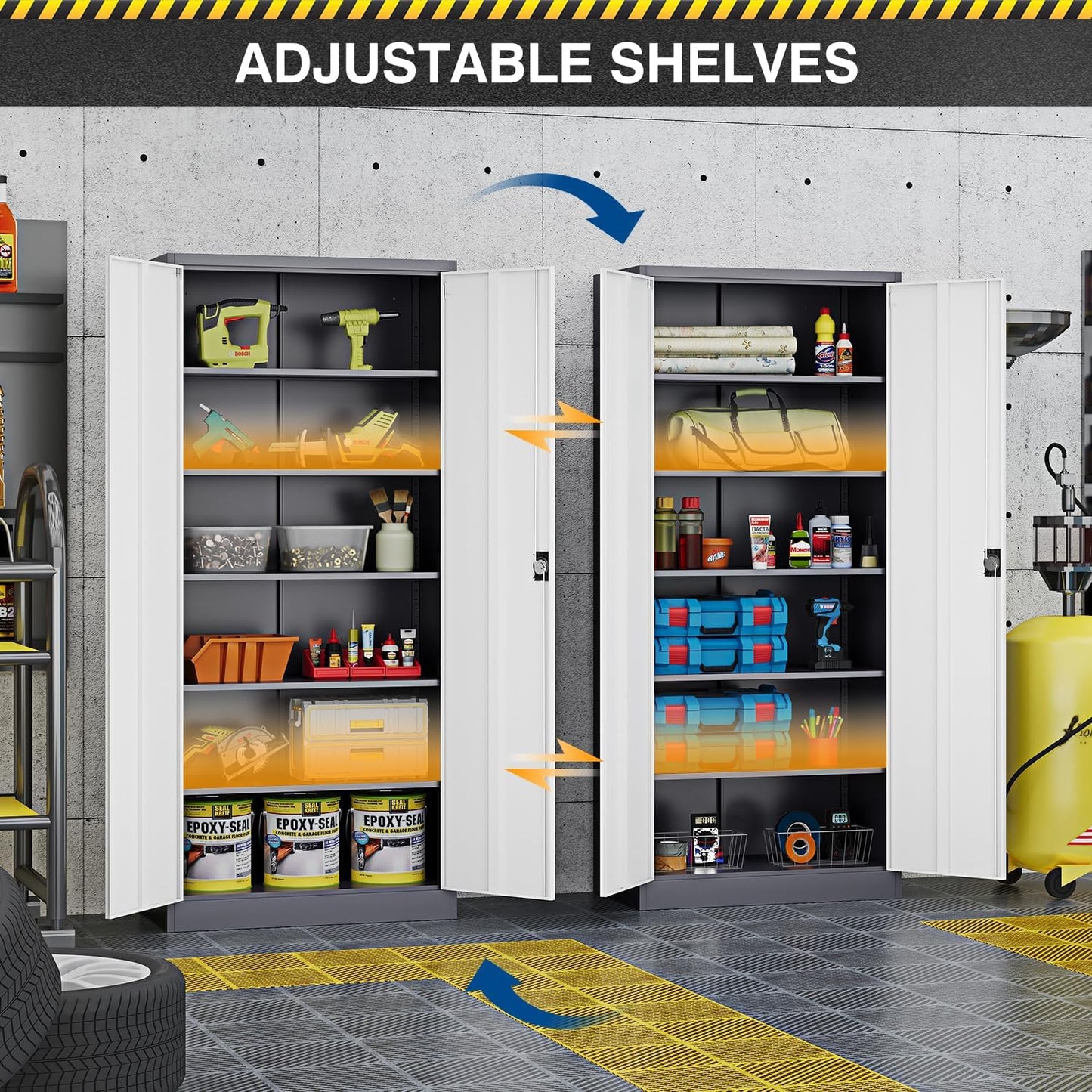 Fesbos Metal Storage Cabinet-71” Tall Steel File Cabinets with Lockable Doors and Adjustable Shelves-Gray&White Steel Storage Cabinet for Home,Kitchen, School, Office, Garage