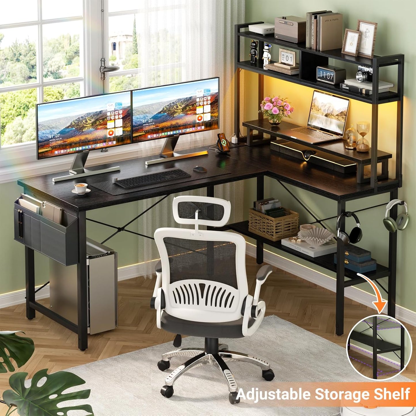 Aheaplus L Shaped Gaming Desk with Power Outlets & LED Lights, Small L- Shaped Desk Computer Corner Desk with Monitor Stand & Storage Shelf, Home Office Desk Writing Desk with Storage Bag, Black