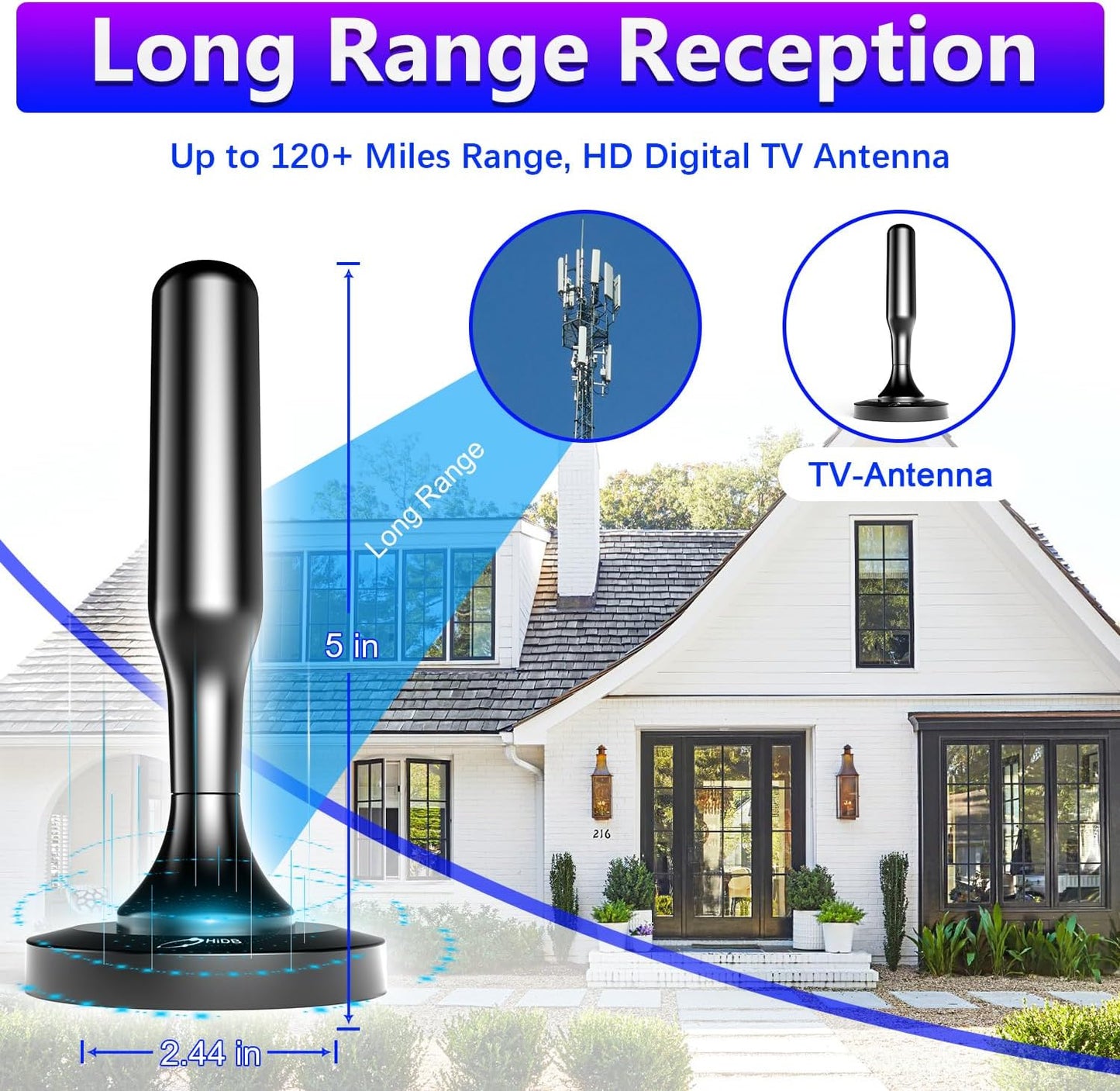 HIDB TV Antenna for Smart TV Indoor, Digital Indoor TV Antenna for Local Channels with Strong Magnetic Base, Easy Installation, Long Range Reception, 4K HD 1080P, 10ft Cables