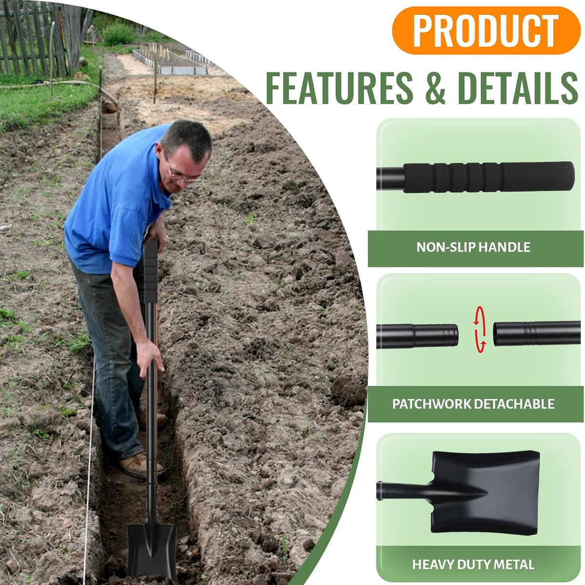 Small Square Point Garden Metal Shovels, 43.3" Long Handled Small Flat Head Garden Spade Shovel for Digging Planting Trenching Landscaping Outdoor Camping & Kids Sand Digging, Black