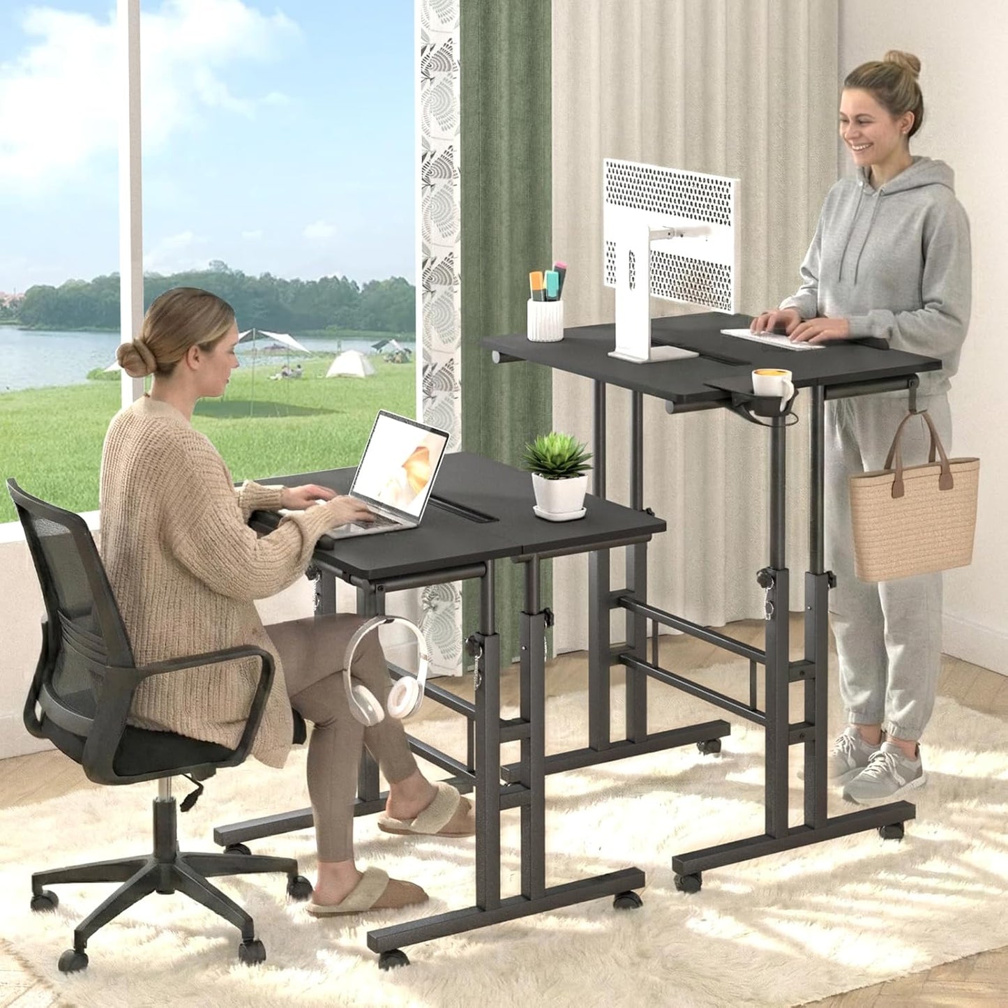 Klvied Height Adjustable Mobile Standing Desk, Tiltable Laptop Desk with Cup Holder & Hook, Portable Rolling Desk with Lockable Casters, Home Office Workstation for Standing/Sitting, Black