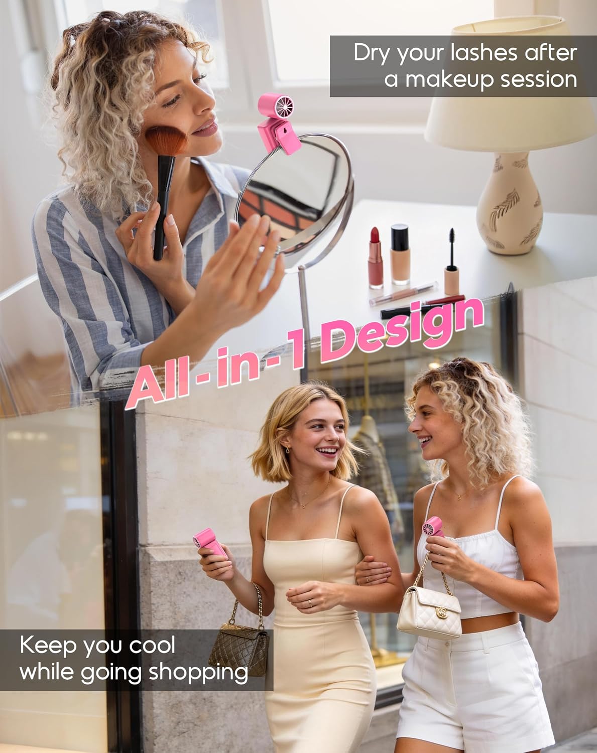 Portable Clip-On Mini Fan, Hands-Free, Turbo Personal Handheld Fans Rechargeable w/ 4 Wind & LED Display, Pocket Size Summer Essentials for Travel/EyeLash/Beach/Concert, Gifts for Women Men(Hot Pink)