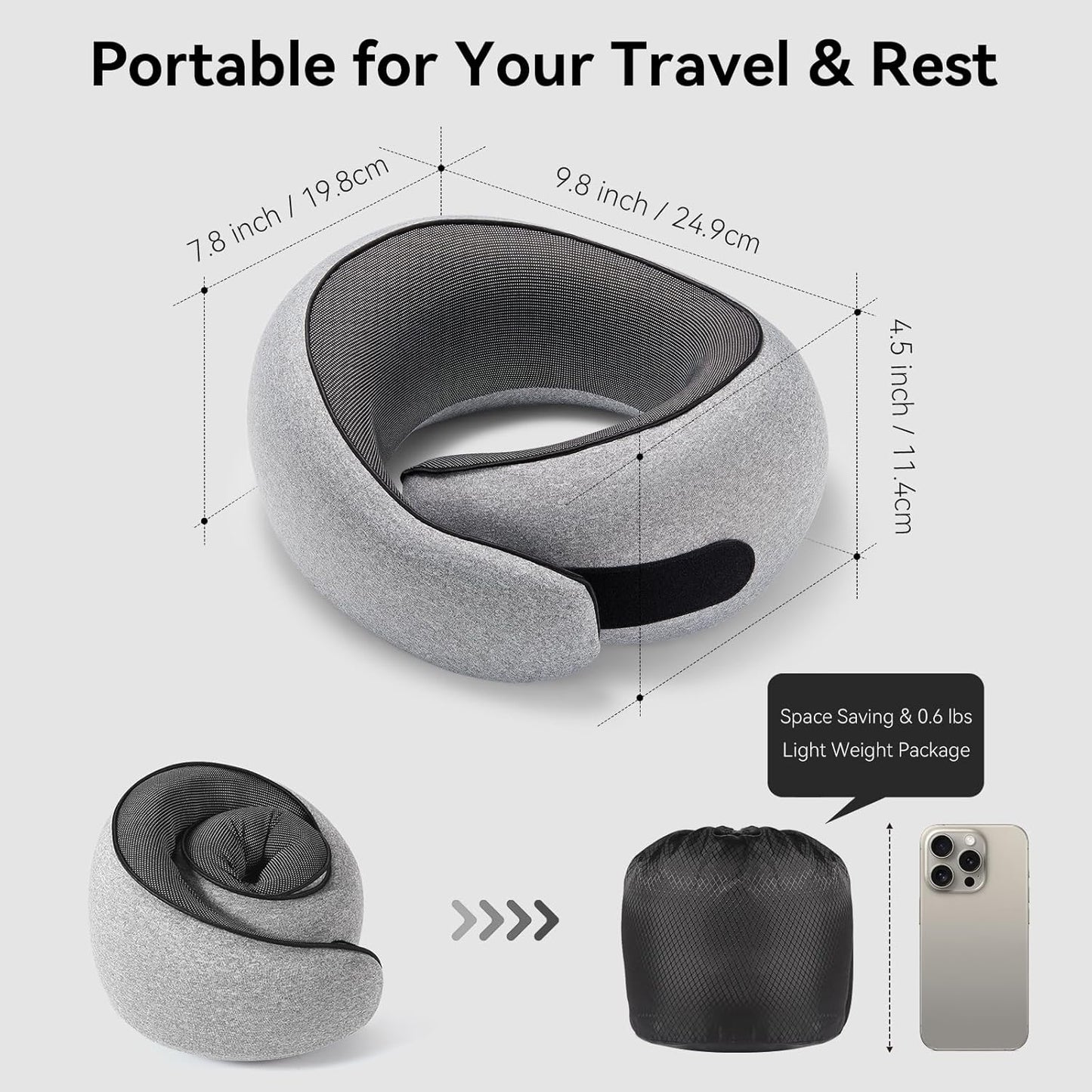 Travel Pillow, Memory Foam Neck Pillow with Ergonomic 360° Support, Travel Neck Pillow for Airplanes, Compact Design for Plane, Car & Office Travel Essentials, Gray