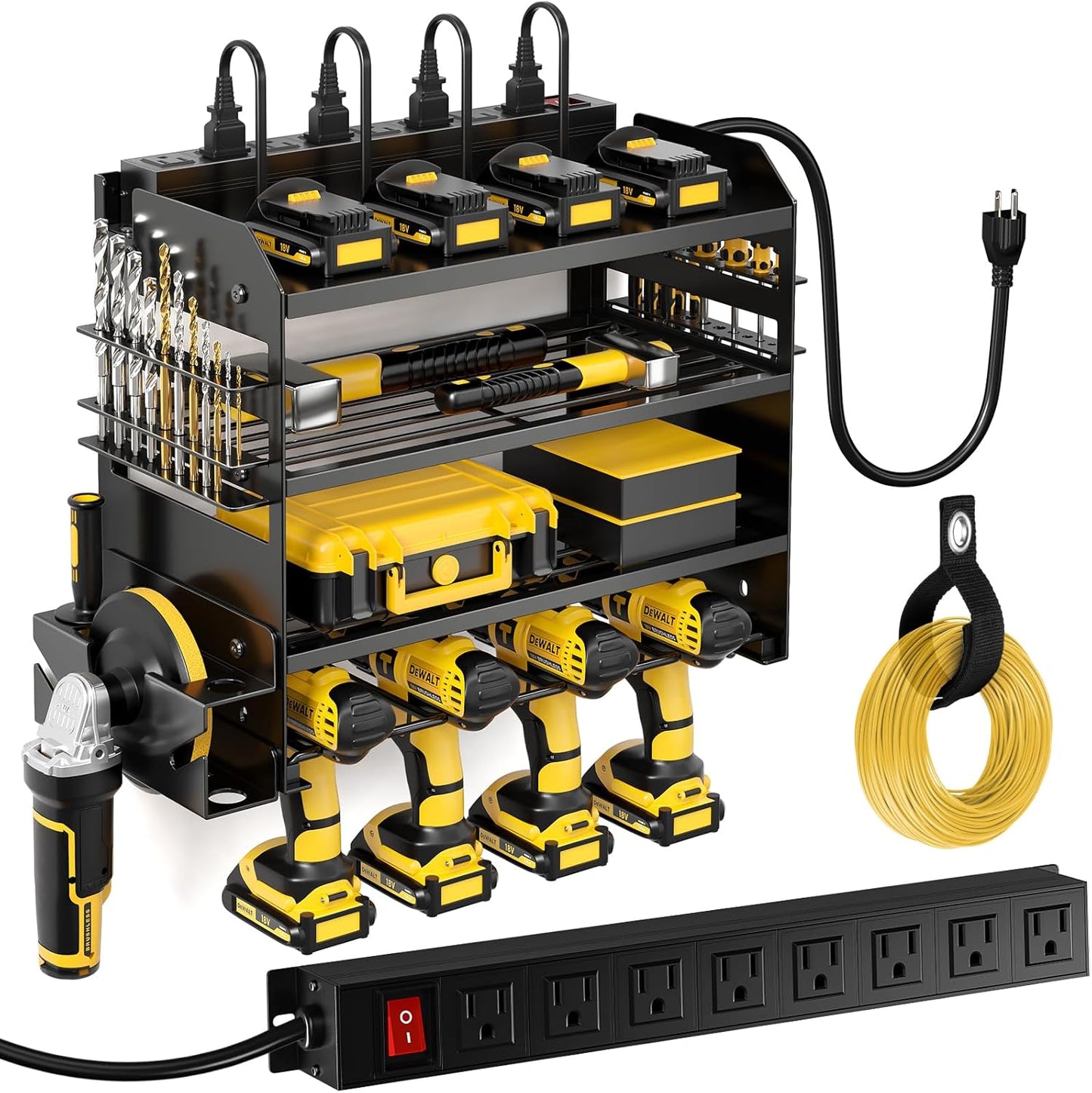 POKIPO Large Power Tool Organizer Wall Mount with Charging Station,4 Layer Heavy Duty Metal Tool Storage Shelf Loads 600lbs,Battery Utility Rack With 4 Outlet Power Strip with 8 Cordless Drill Holder