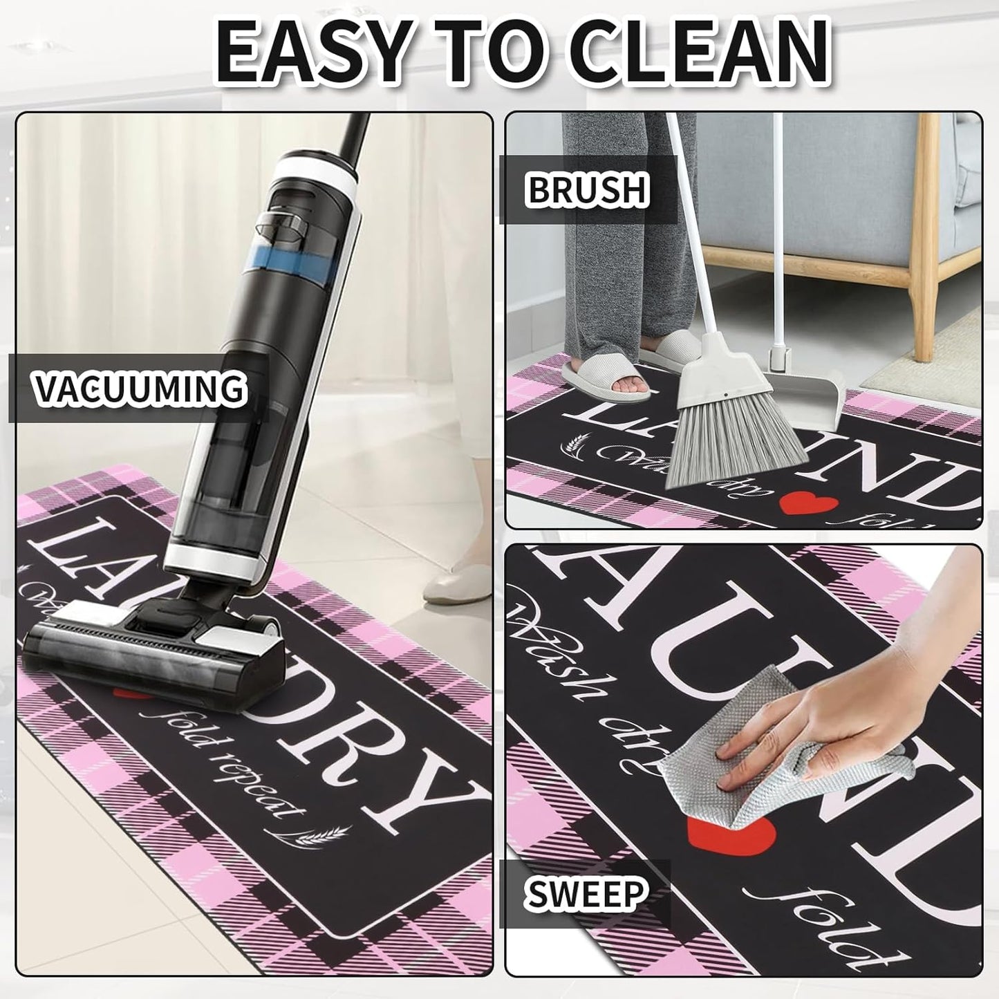 XLHOMO Laundry Room Rugs and Mats, 17"x47" Buffalo Plaid Pink Laundry Room Rug Runner Washable Non Slip, Farmhouse Laundry Mats for Floor, Mudroom, Kitchen, Washroom, Bathroom, Entryway Carpet Decor
