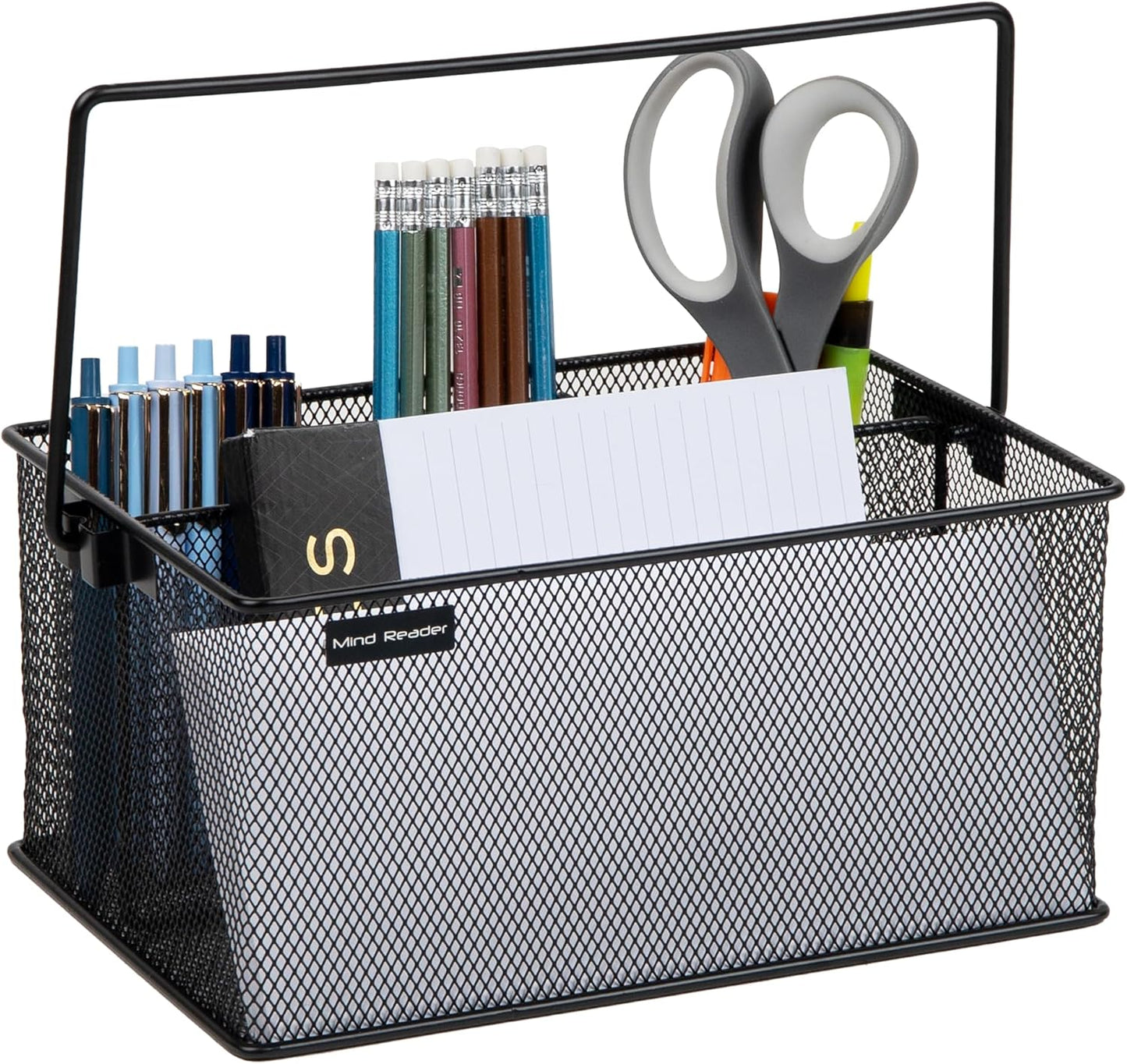 Mind Reader Multi-purpose Storage Caddy with Handle, Desktop Organizer, Cutlery Holder, 4 Compartments, Metal Mesh, Black