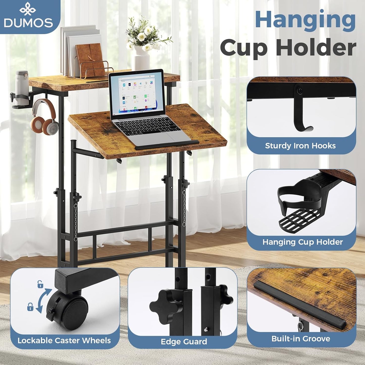 DUMOS Split Top Rolling Standing Desk, 23.6" Mobile Laptop Desk, Manual Height Adjustable Workstation on Wheels, Sit Stand Office Table, Walking Pad Study Desk, Rustic Brown