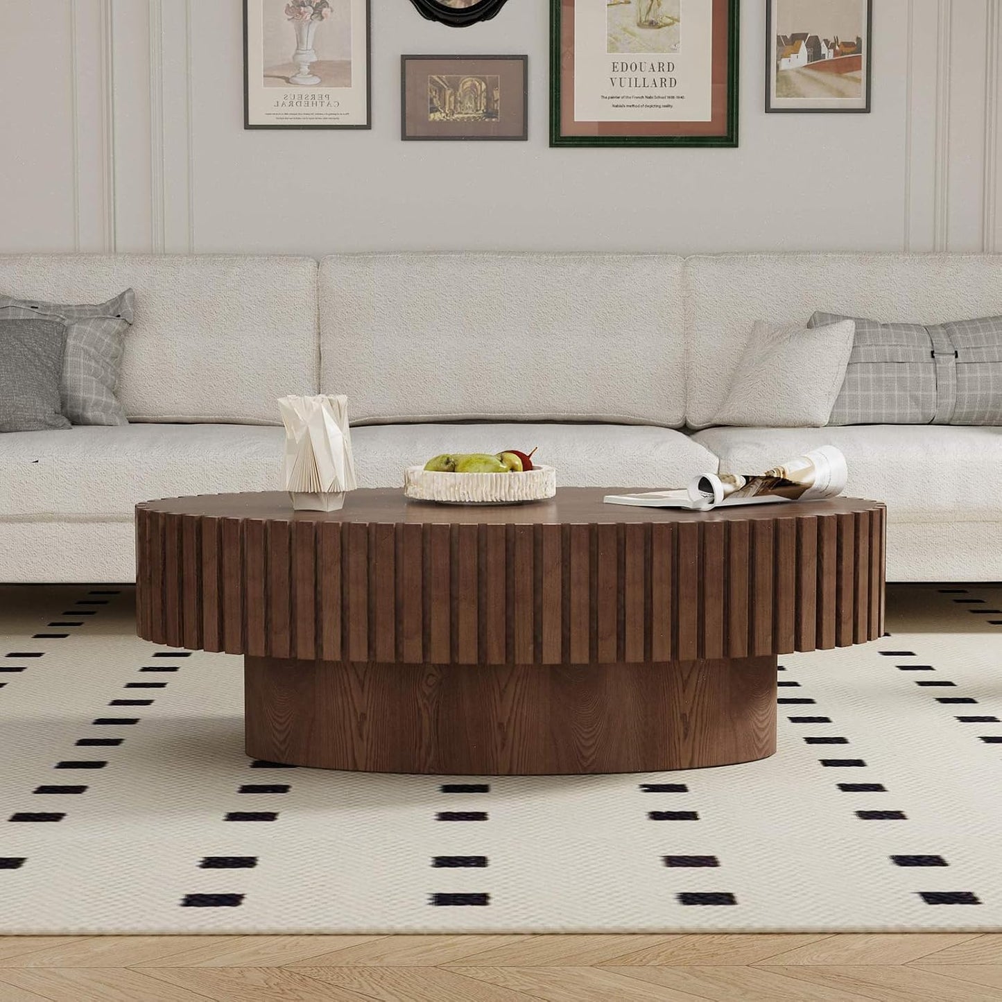 Mid Century Modern Oval Fluted Coffee Table (L) | Handcraft Drum Coffee Table, Sturdy Pedestal, Wood Veneer Top, for Living Room Reception Room Farmhouse