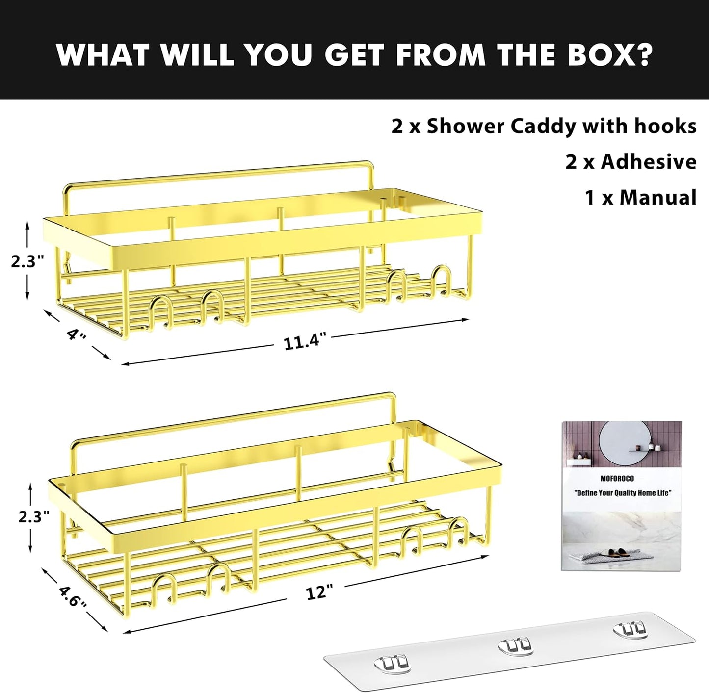 Moforoco Shower Caddy Shelf Organizer Rack, Self Adhesive Black Bathroom Shelves Basket, Home Farmhouse Wall Inside Organization and Storage Decor Rv Accessories, First Camper Apartment Essentials