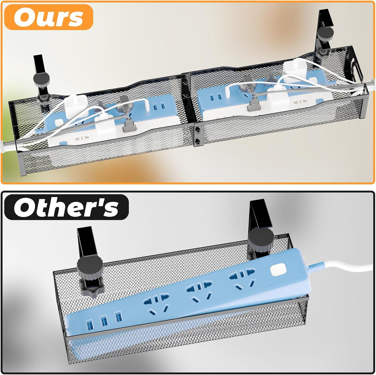 Under Desk Cable Management Tray, No Drill Steel Desk Cable Organizers, Wire Management Tray Cable Management Rack (24.4" Length-Black)