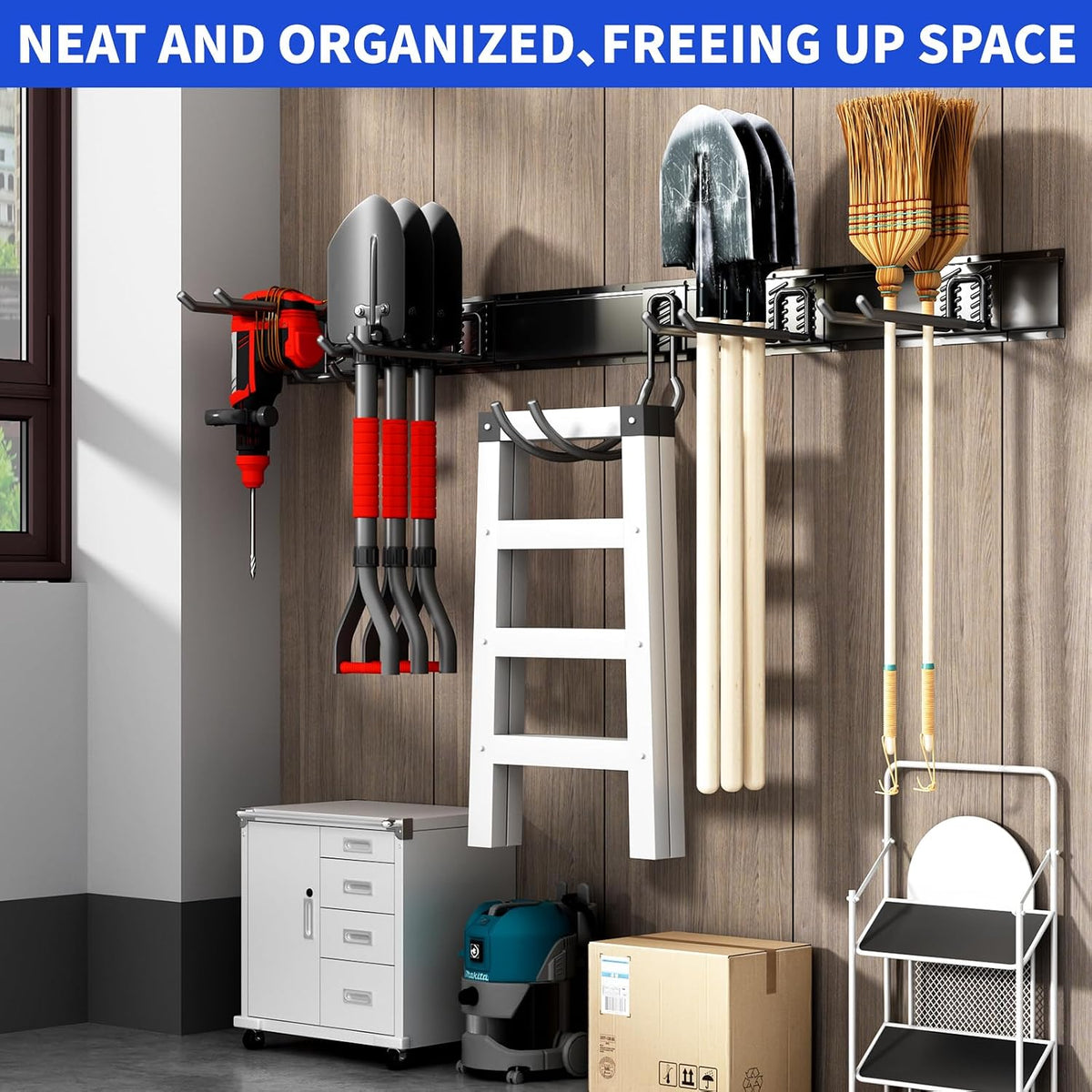 Garage Tool Organizer Wall Mount, 64 Inch Heavy Duty Garden Tool Organizer Storage System, Easy Install with 10 Adjustable Hooks, for Garage, Basement, Shed, Workshop, Black, Steel
