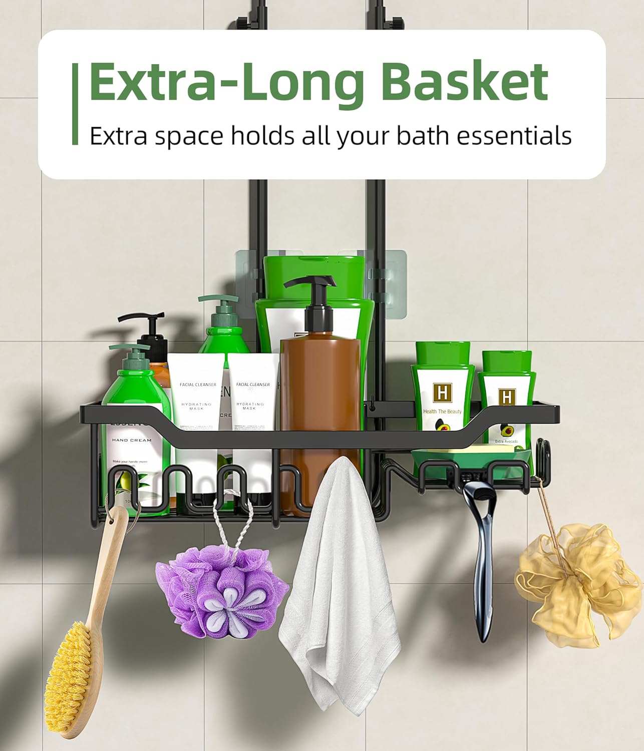 Shower Caddy Hanging Organizer, Extra Large Rack Over Showerhead with Hooks, Adjustable Height Shower Caddy for Big Shampoo Bottle, Black