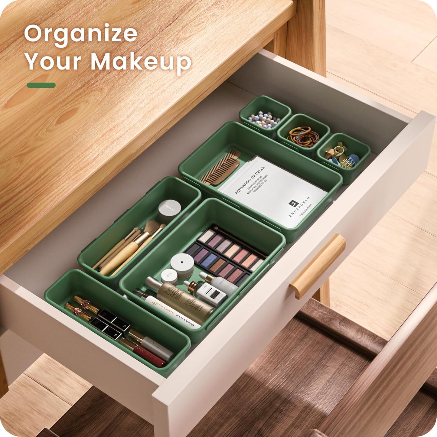 A-LuGei 【𝟰𝟲𝗣𝗖𝗦 & 5 Size Tool Box Organizer Tray Divider Set,【Army Green】 Desk Drawer Organizer,Garage Organization and Storage Toolbox Accessories Rolling Tool Chest Cart WorkBench Small Part