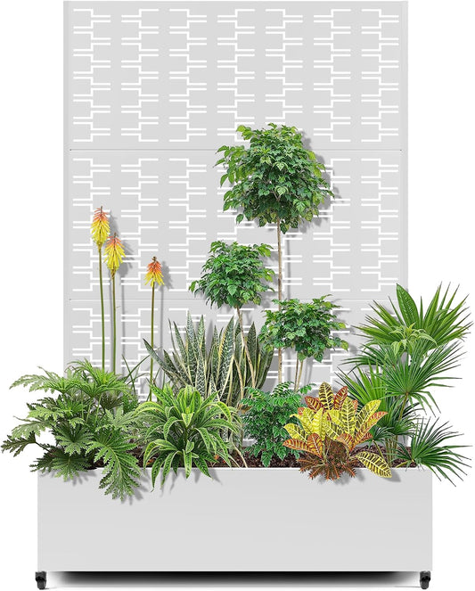 15.7"×70.9"×47.2" Metal Raised Garden Bed with Trellis and Wheels - Tall Trellis Planter Box for Climbing Plants, Vegetables & Vines - Outdoor Privacy Planters for Patio (White-Brick)