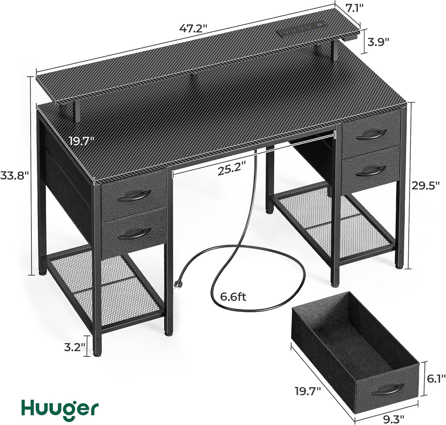 Huuger 47 inch Computer Desk with 4 Drawers, Gaming Desk with LED Lights & Power Outlets, Home Office Desk with Large Storage Space for Bedroom, Work from Home, Carbon Fibre Black