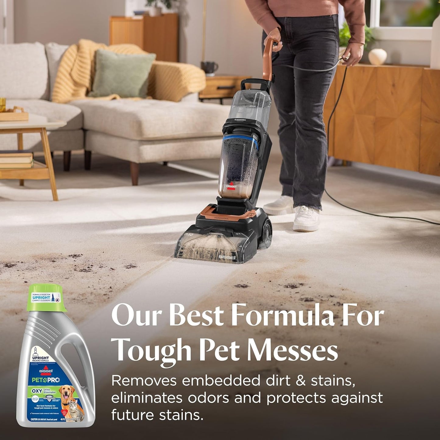 Bissell PET PRO OXY Urine Eliminator with Febreze Carpet Deep Clean Solution, with StainProtect Technology, for use in leading upright carpet cleaners, 48oz, Our best formula for pet messes & odors