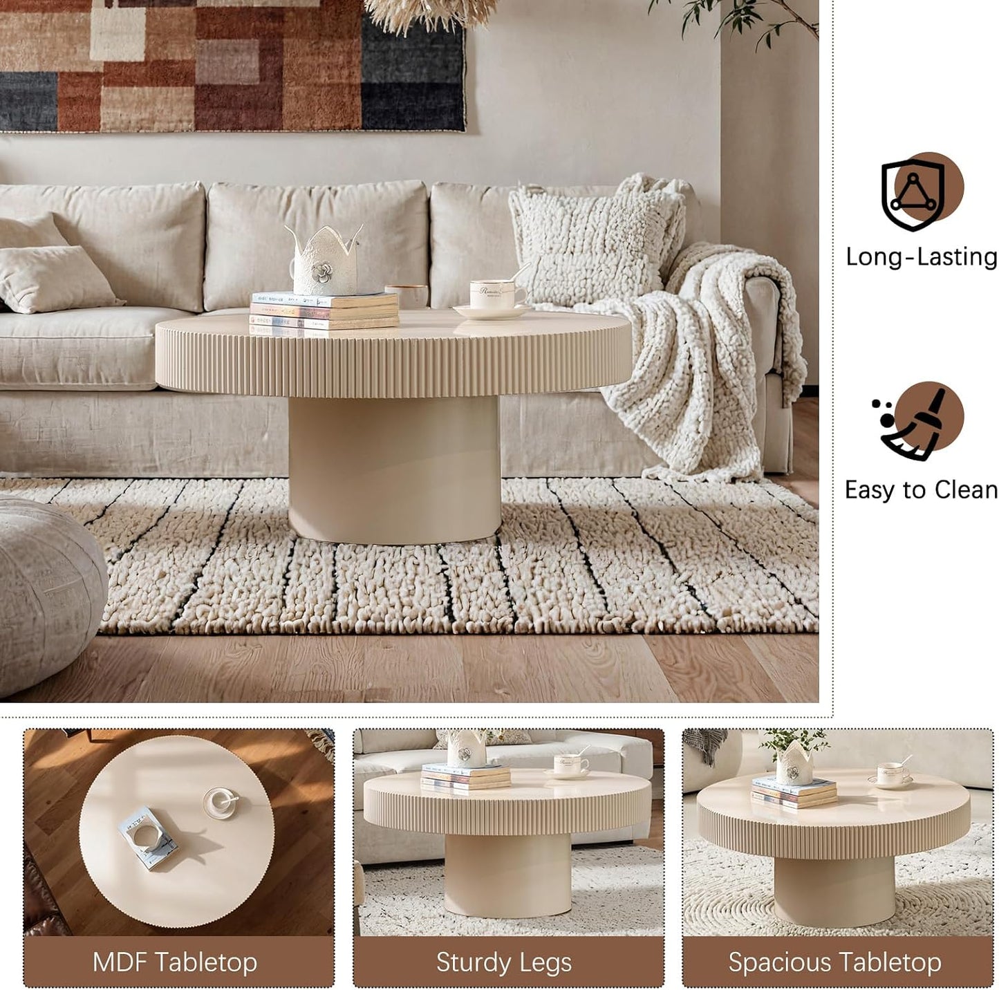 30.71" Round Drum Coffee Table,White | Modern Handcraft Fluted Accent Table, Sturdy Pedestal Circle, Luxury Center Table, For Living Room Home Office