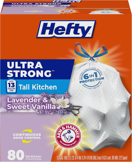 Hefty Ultra Strong 13 Gallon Trash Bags, Tall Kitchen, Drawstring Closure, Odor Control, White, Lavender, Sweet Vanilla, 80 Count