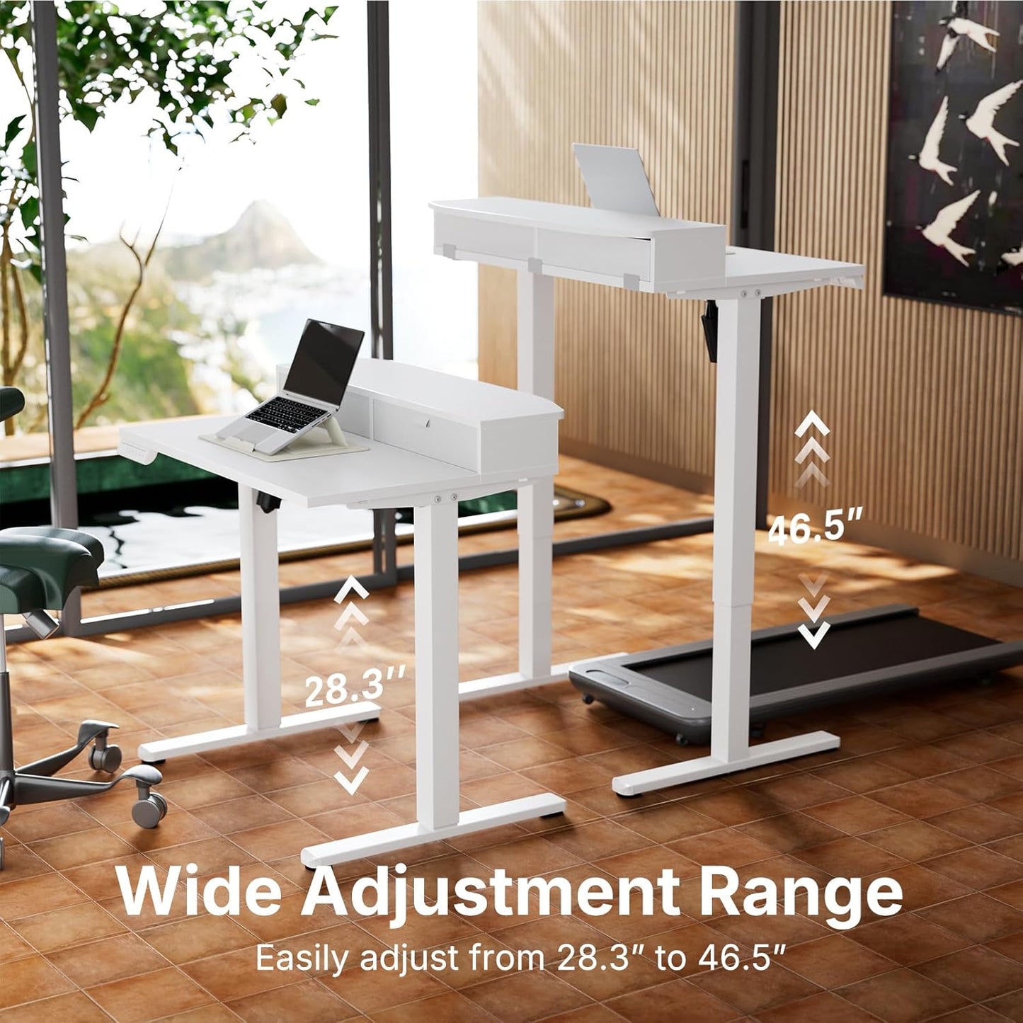 HUANUO 32 x 21 inch Small Electric Standing Desk with 2 Drawers, C-Clamp Mount Compatible, Height Adjustable Sit Stand Desk, Home Office Stand Up Desk with 4 Memory Height Settings, White
