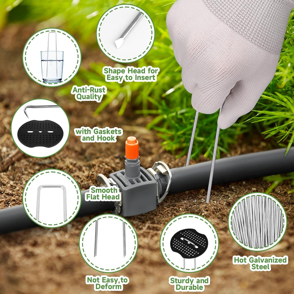 JELNER Garden Stakes,6 Inch 11 Gauge 200pcs Galvanized Landscape Staples and 200pcs Gaskets +1Pick Hook, Tent Stakes Landscaping Fabric SOD Pins for Weed Fabric Barrier,Groud Cover,Fence