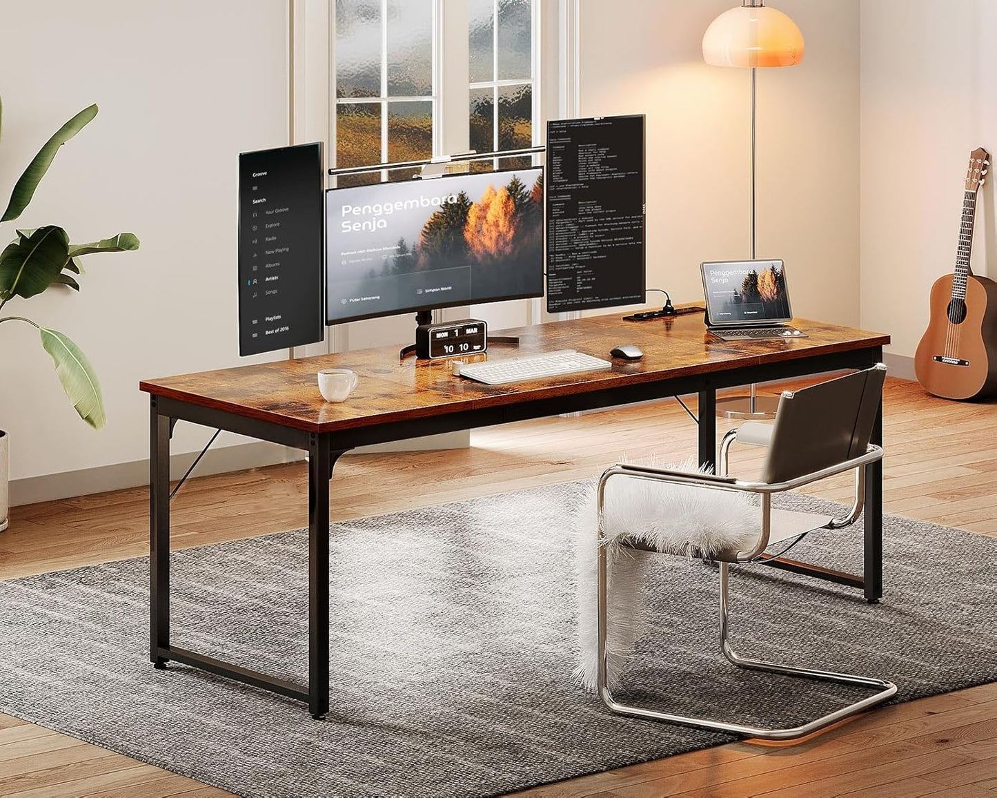 Coleshome 71 Inch Computer Desk with USB Ports, Large Office Desk, Long Study Student Writing Desk, Rustic Brown
