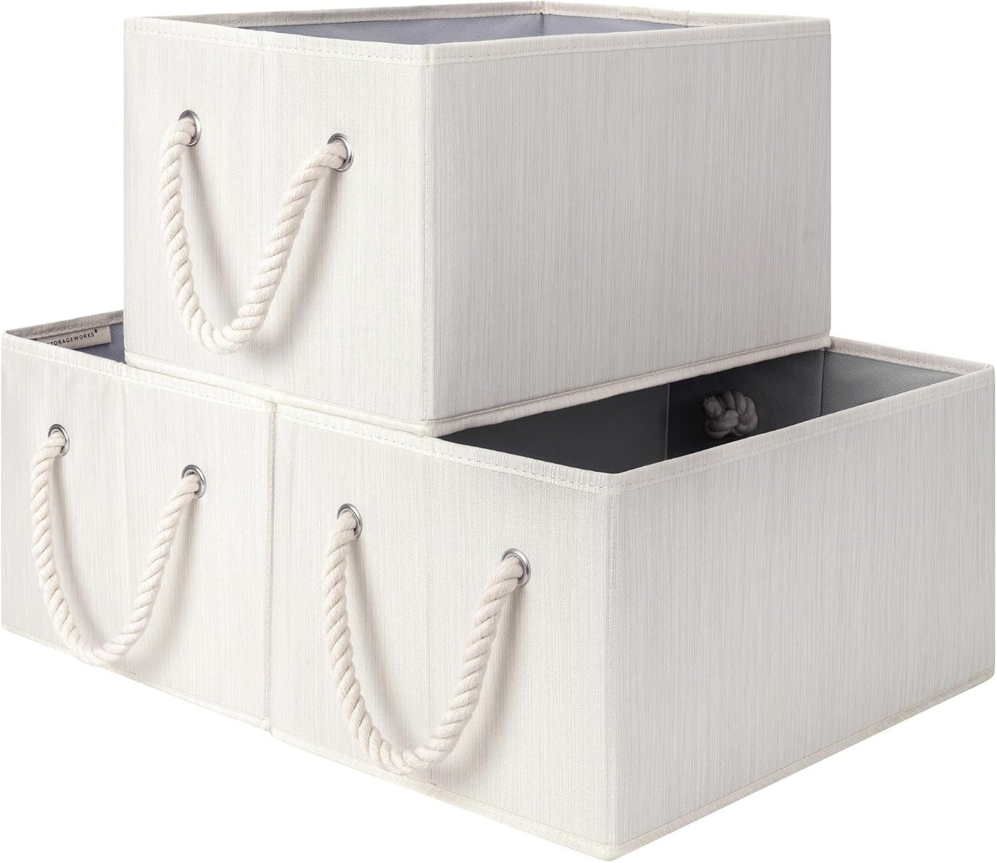 StorageWorks Fabric Storage Bins with Rope Handles, Beige, Small, 3-Pack | Fabric Storage Bins for Shelves, Storage Baskets for Closet Organization, Organizer Bins for Clothes Storage