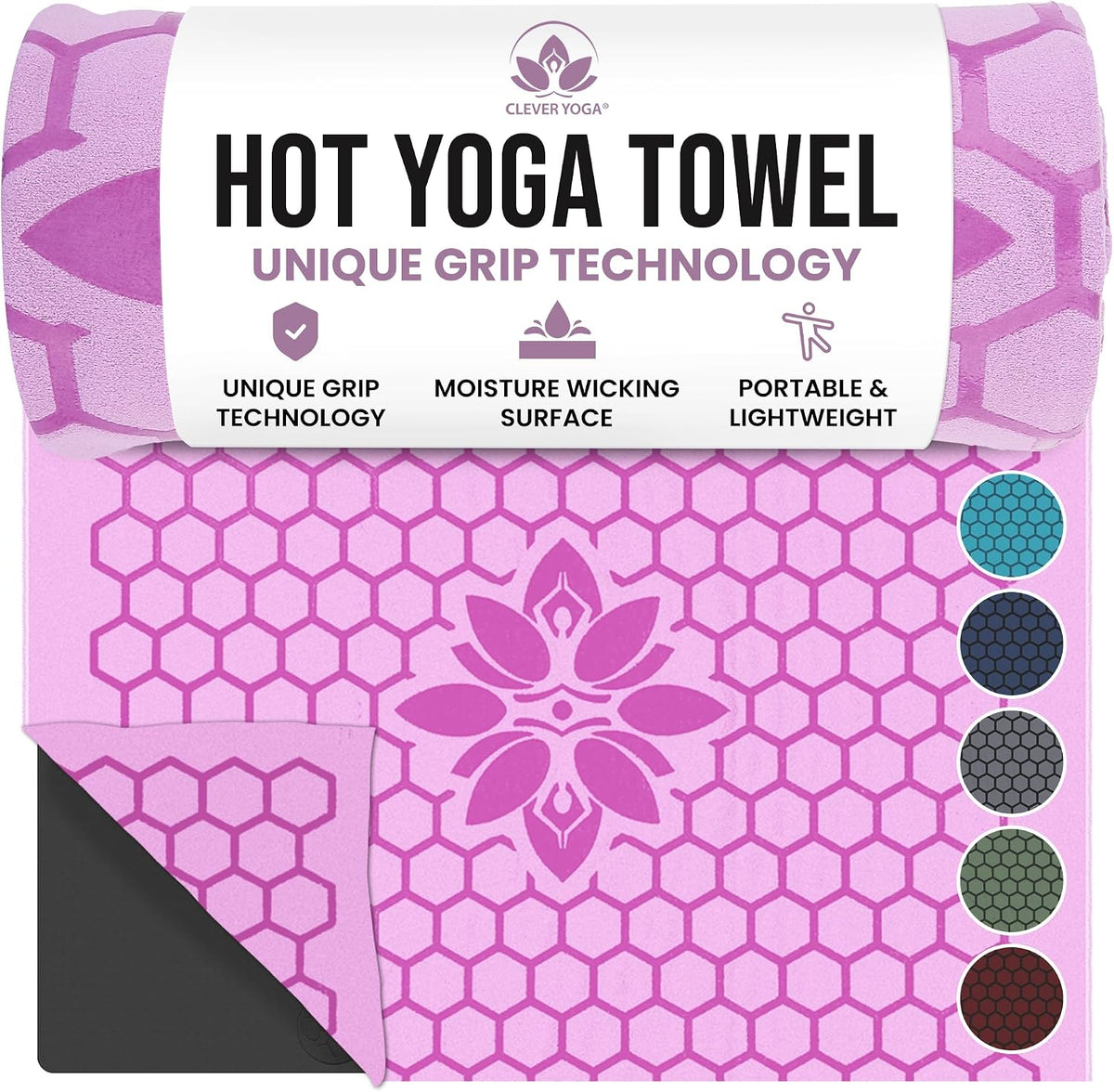 Clever Yoga Hot Yoga Mat Towel – Non-Slip Grip for Hot Yoga, Sweat Absorbent, Honeycomb Silicone Grip, Stays Flat – Ideal for Pilates, Travel, Washable & Lightweight - Lilac