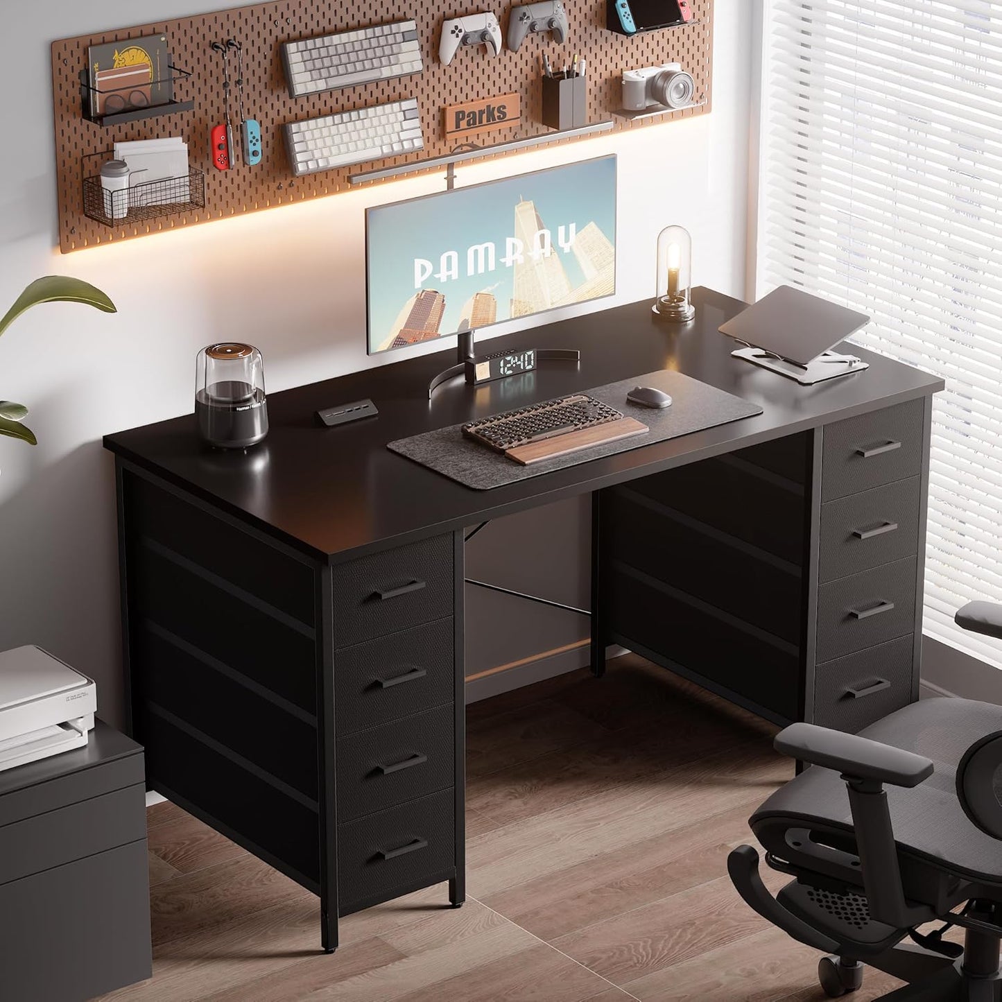 Pamray 47 Inch Computer Desk with 8 Fabric Drawers PC Gaming Desk Home Office Study Work Writing Table for Bedroom Matte Black