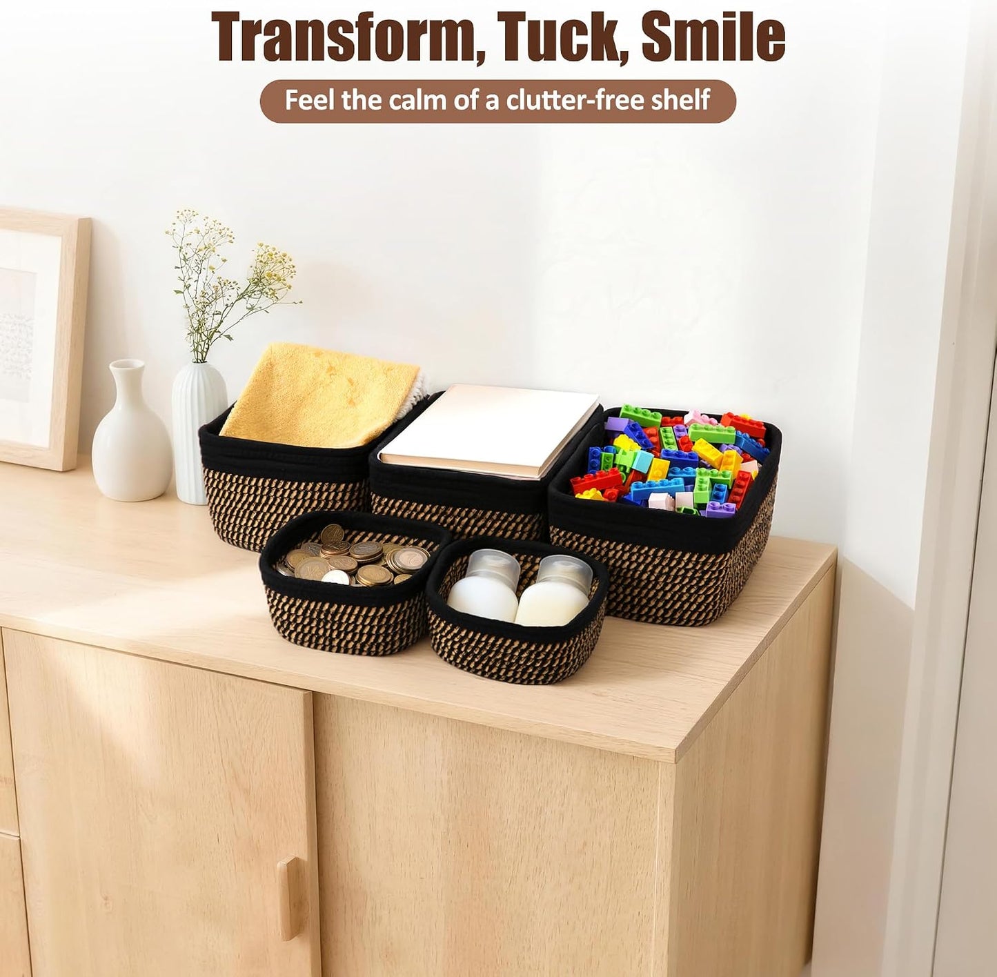 5-Pack Small Woven Rope Storage Baskets, 2 Sizes Organizer Bins | Fabric Cube Boxes and Rectangular Shallow Bins for Closet, Shelf, Bookshelf, Nursery, Changing Table, Bathroom, Toys & Home