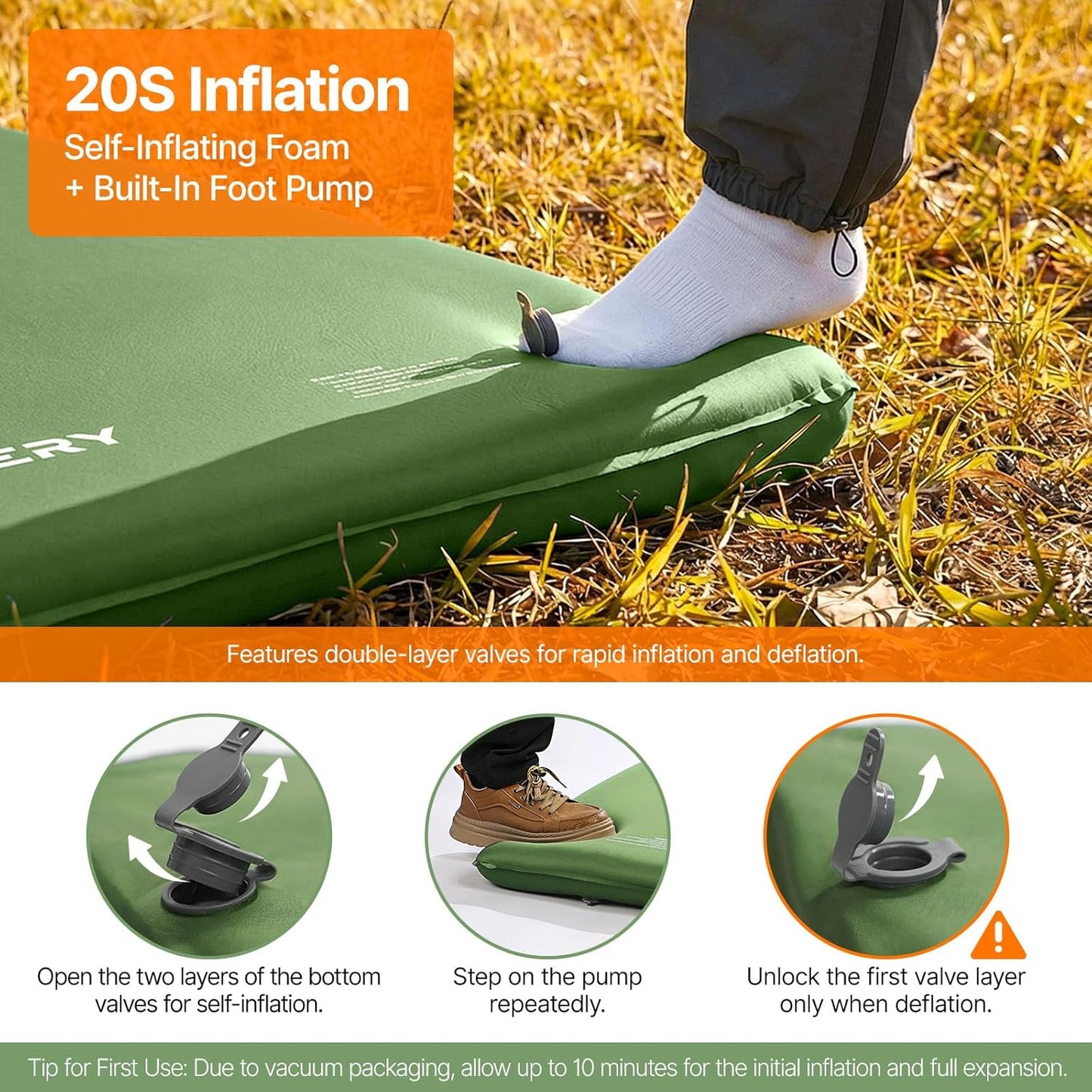 OGERY Self-Inflating Sleeping Pad with Built-in Foot Pump, 3" Memory Camping Mattress Pad, Quiet & 9.5 R-Value Insulated Sleeping Mat Camping Essential Gear for Car Tent Camping
