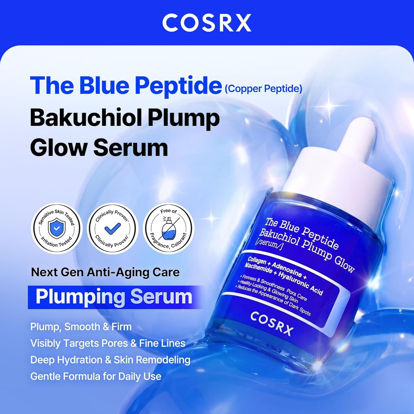 COSRX The Blue Peptide Bakuchiol Plump Glow Serum, Korean Peptide Plumping Serum for Face, GHK-Cu Copper Peptides with Bakuchiol, Anti-aging & Skin Firming Care, Korean Skin Care, 1.69 Fl Oz