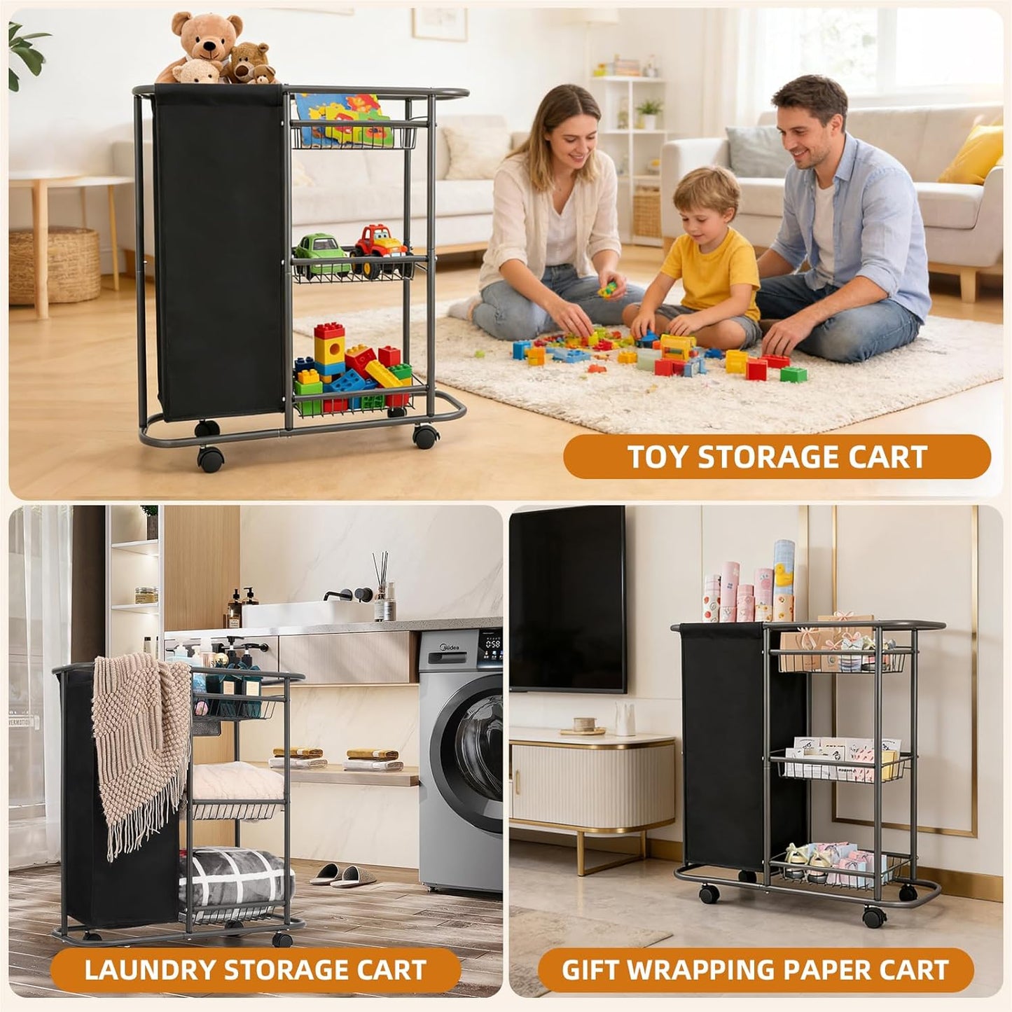 Rolling Laundry Cart with Wheels: 3-Tier Laundry Caddy Between Washer and Dryer - Heavy Duty Wrapping Paper Cart with 45L Bag for Narrow Space Laundry Room Bathroom Bedroom Black