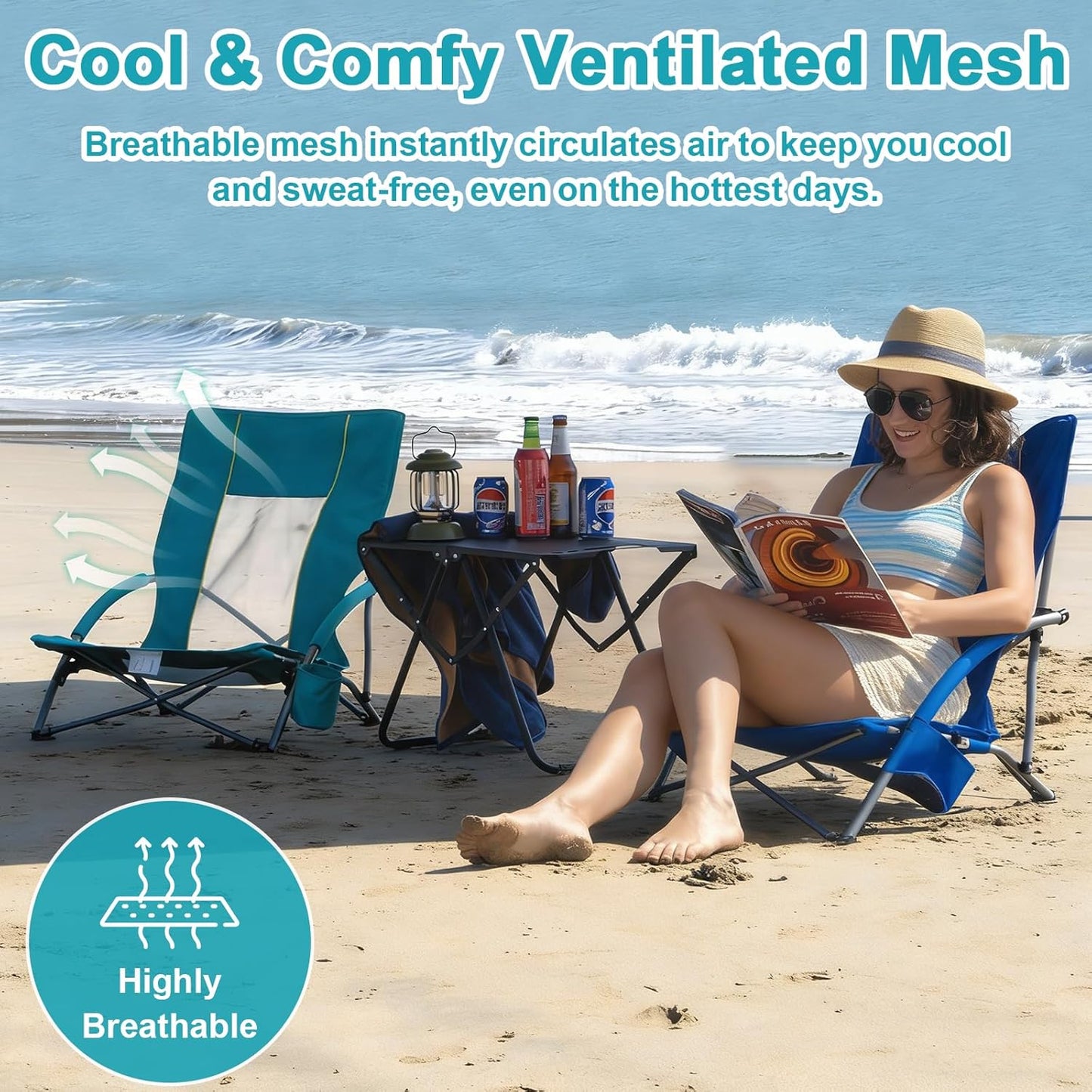 Romswi 2 Pack Lightweight Low Beach Chairs with Breathable Mesh Back, 6LBS Folding Portable Sand Chairs with Cup Holder, Heavy Duty 400lbs Capacity for Camping & Outdoor Use, Blue