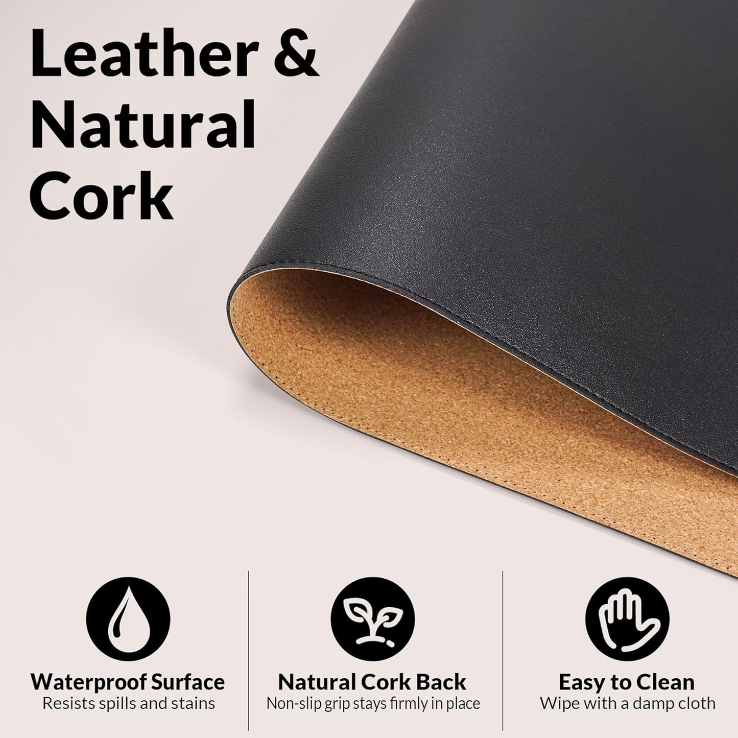 AFIING Cork Desk Mat 31.5" x 17", Waterproof Dual-Sided Cork & PU Leather Desk Pad, Non-Slip Desk Protector for Home Office, Workspace Setup & Gaming, Black