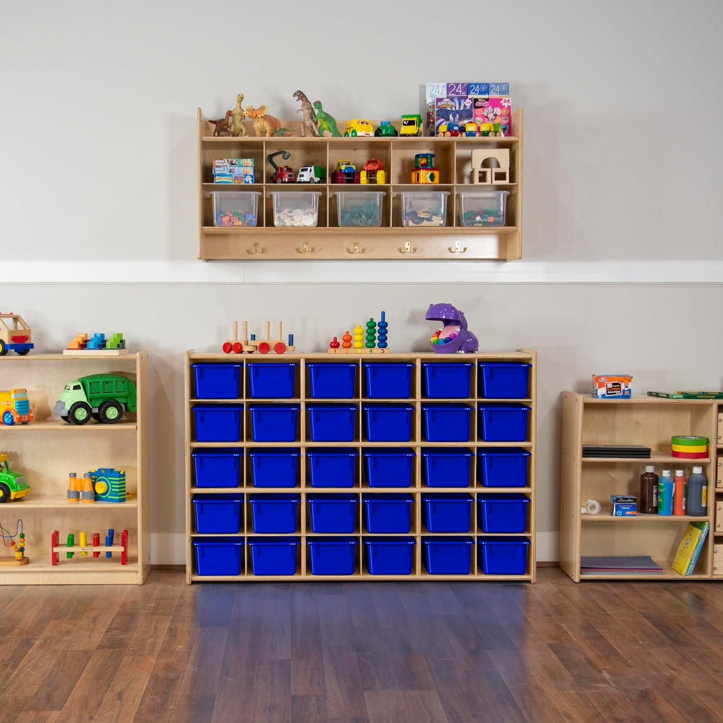 Wood Designs Cubby Storage Bin, Heavy Duty Plastic Containers for Kids Blue Cubby Tray Set of 25