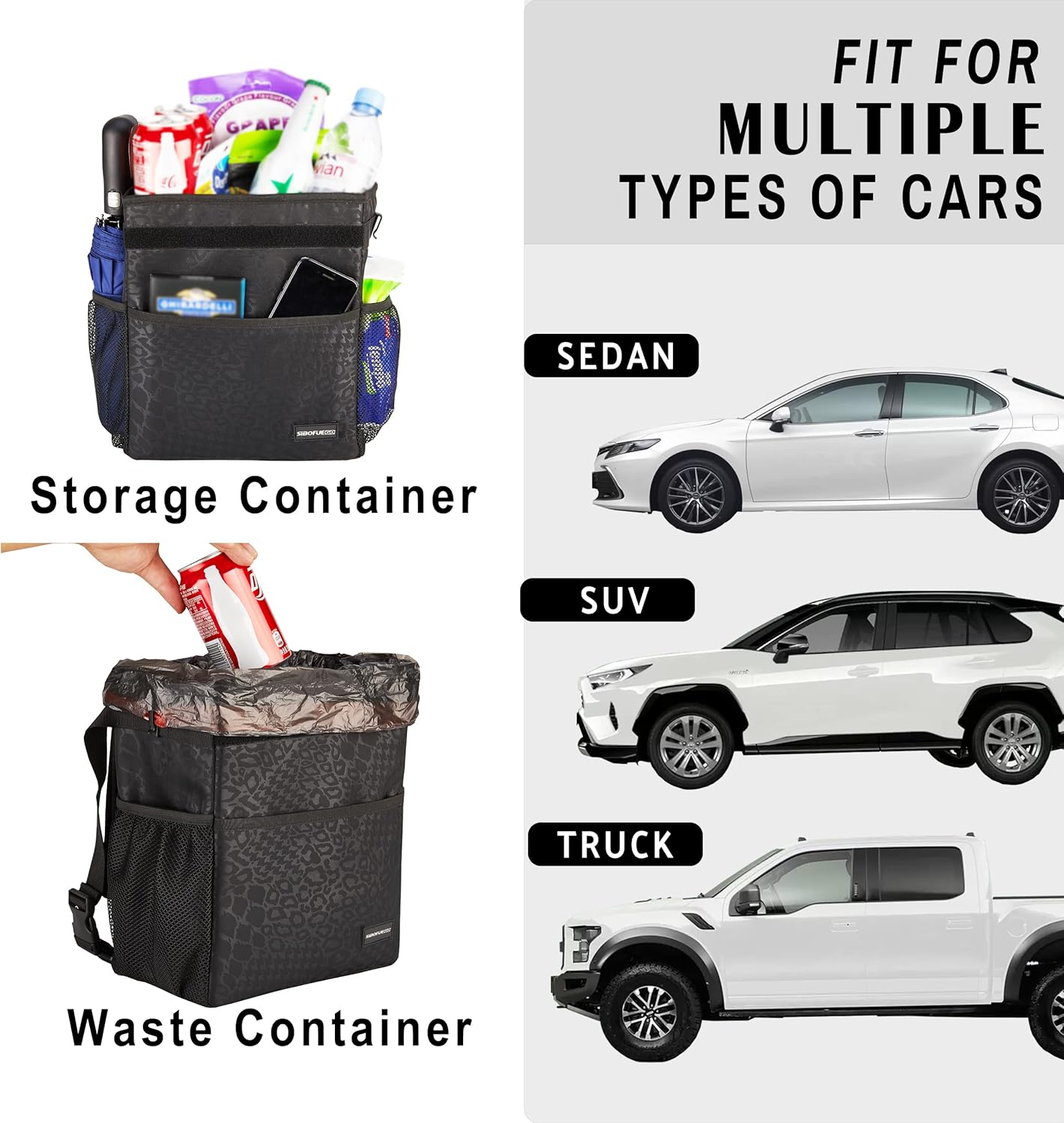 SIBOFUEGO Cute Car Trash Can with Lid – Multipurpose Collapsible Trash Bin for Car, Leak-Proof Organizer, Waterproof Garbage Can with Storage Pockets & Adjustable Straps, 2 Gallons (Black Leopard)