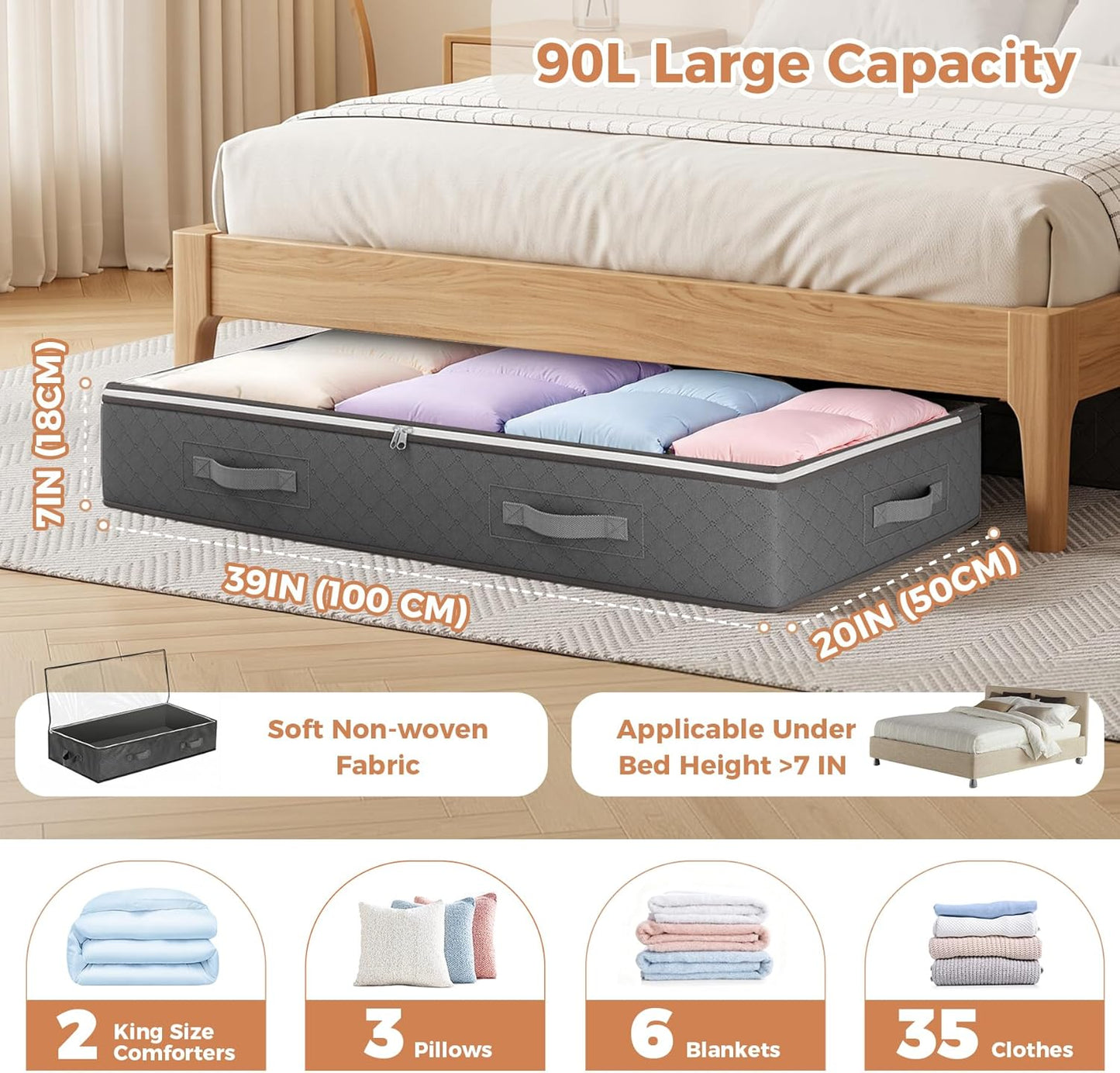 Budding Joy 90L Under Bed Storage Containers, Closet Organizers and Storage Bins, Foldable Underbed Storage Bags for Linen Sheets, Blanket, Clothing, Comforter, Sweaters, Pillows, Wrapping Paper, Grey