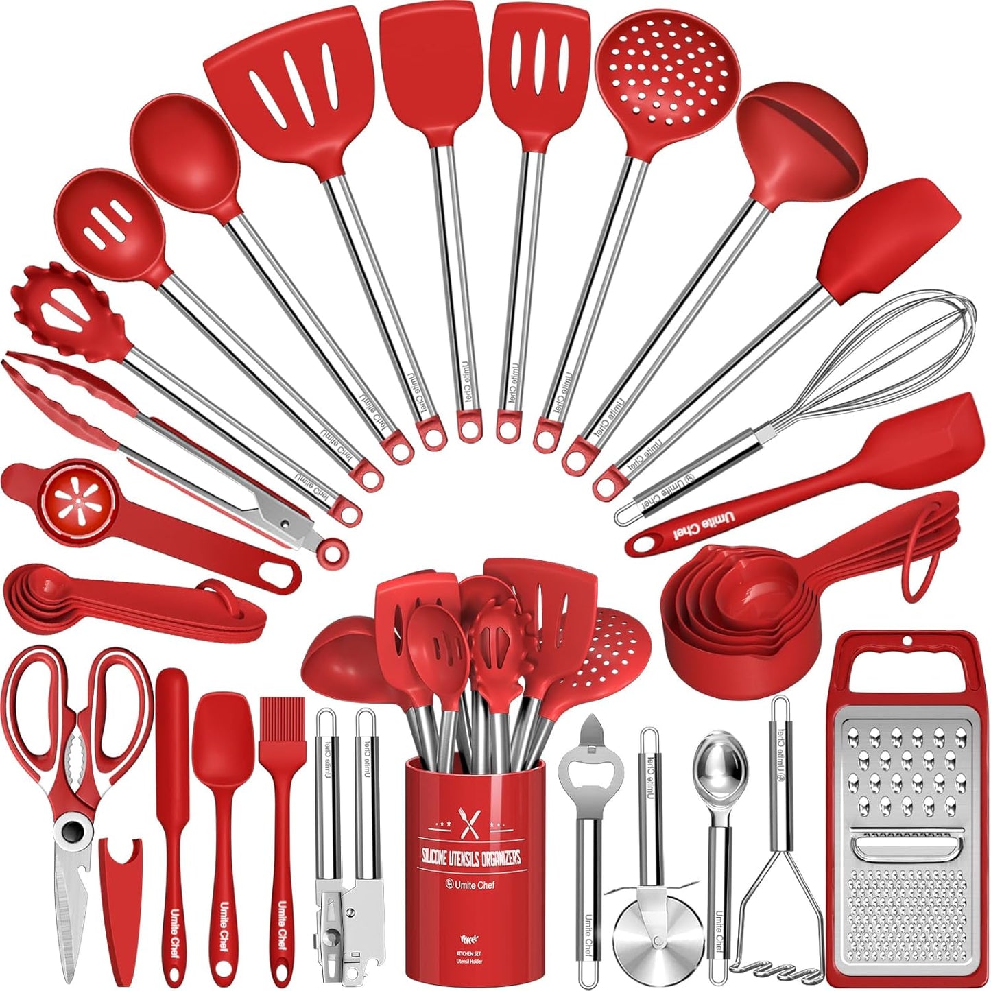 Kitchen Utensils Set-Umite Chef 34 Pcs Silicone Cooking Utensils Set for Nonstick Cookware-Silicone Spatulas Set, Stainless Steel Handle-Khaki Kitchen Gadgets Tools, Pots and Pans Accessories