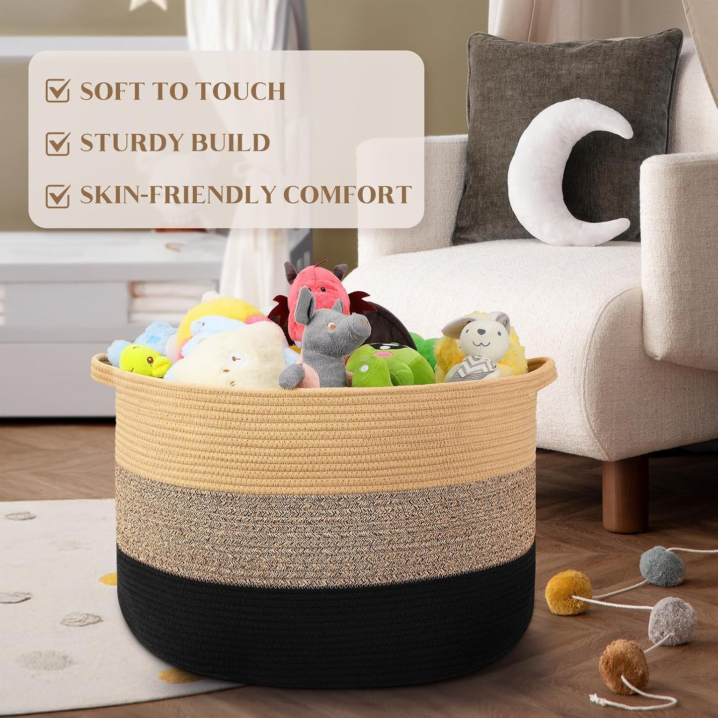 Maliton Woven Rope Blanket Basket Living Room, Storage Basket for Toy, 90L | 22"x14" Cotton Rope Basket. Holds Blankets, Toys & Towels & Laundry. For Bedroom, Nursery, Bath & Playroom. Soft & Durable