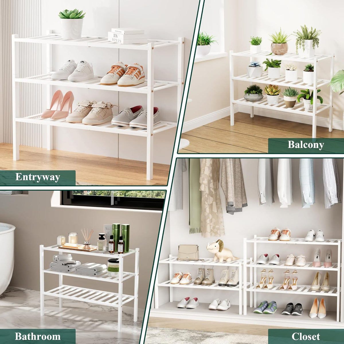 Smiry Bamboo Shoe Rack, 12 Vertical Slats, 5 Tier - 26.8" Wide, White