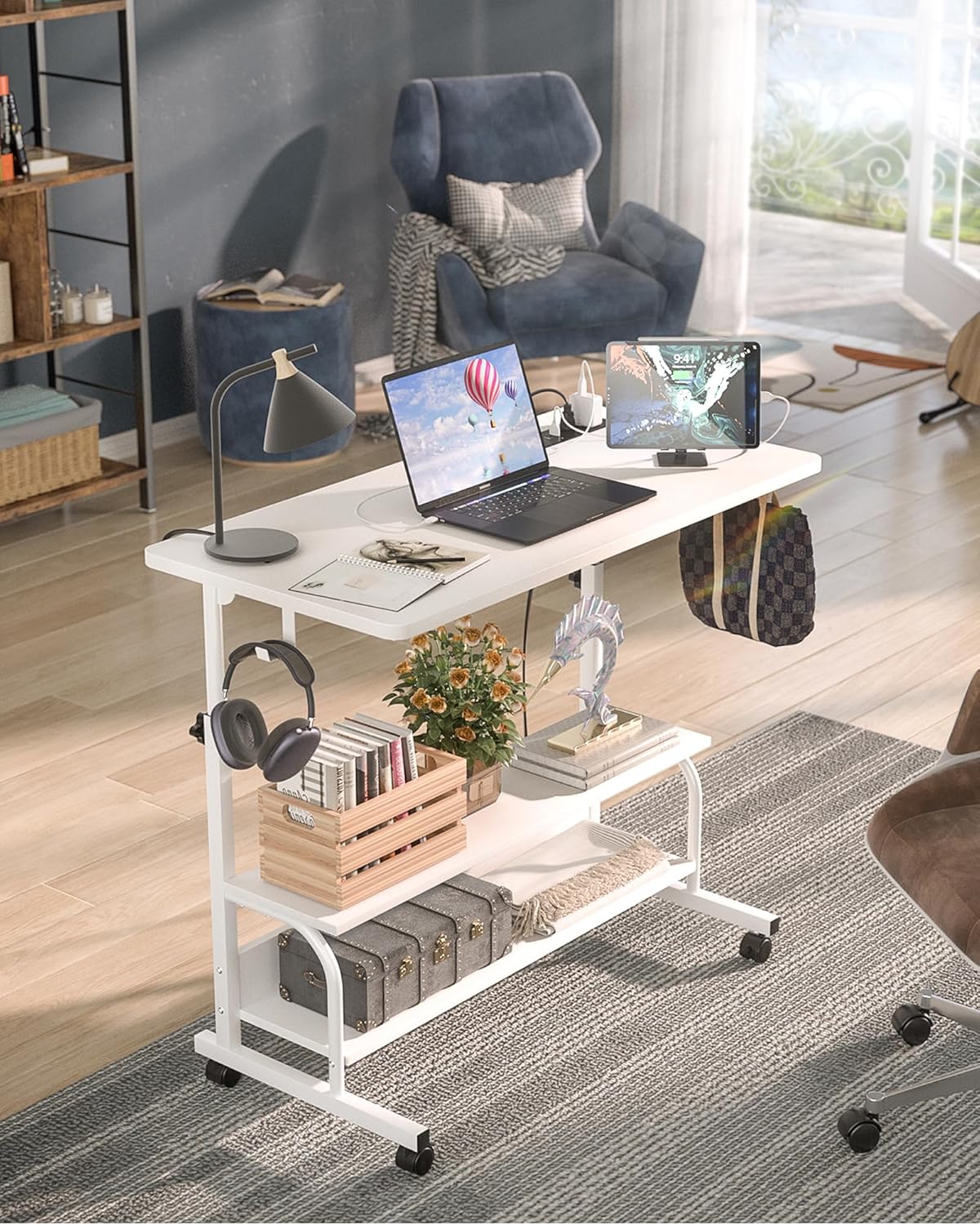 Armocity Rolling Standing Desk with Charging Station, Portable Height Adjustable Mobile Computer Desk with Wheels & 2-Tier Shelves & Hooks, Easy Assembly Laptop Table for Couch Bed, 32" White