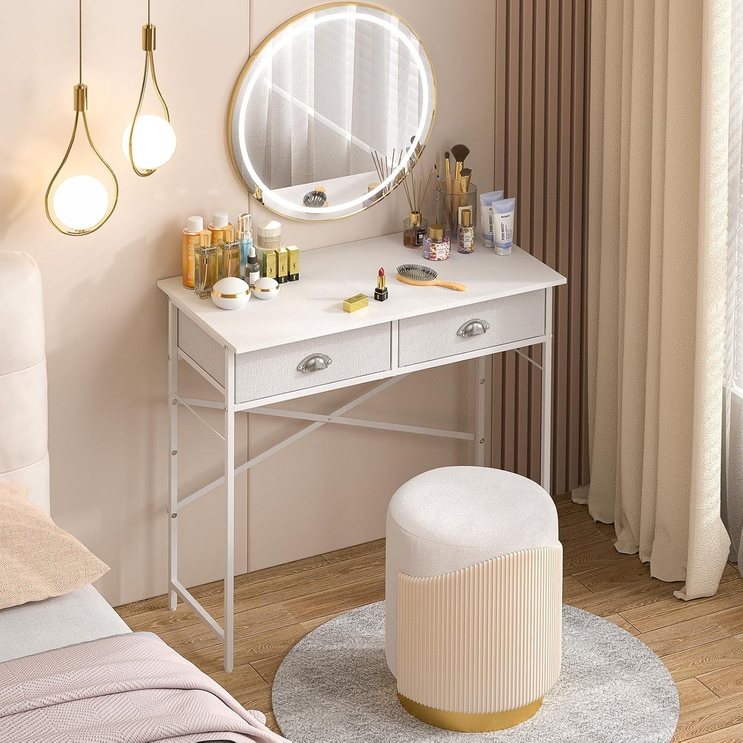 DAOUTIME Small Writing Desk for Kids Bedroom, 31.5 Inch Small Computer Desk for Small Spaces, Simple Desk with 2 Fabric Drawers for Home Office, Dorm, Living Room, Home Study Table, White