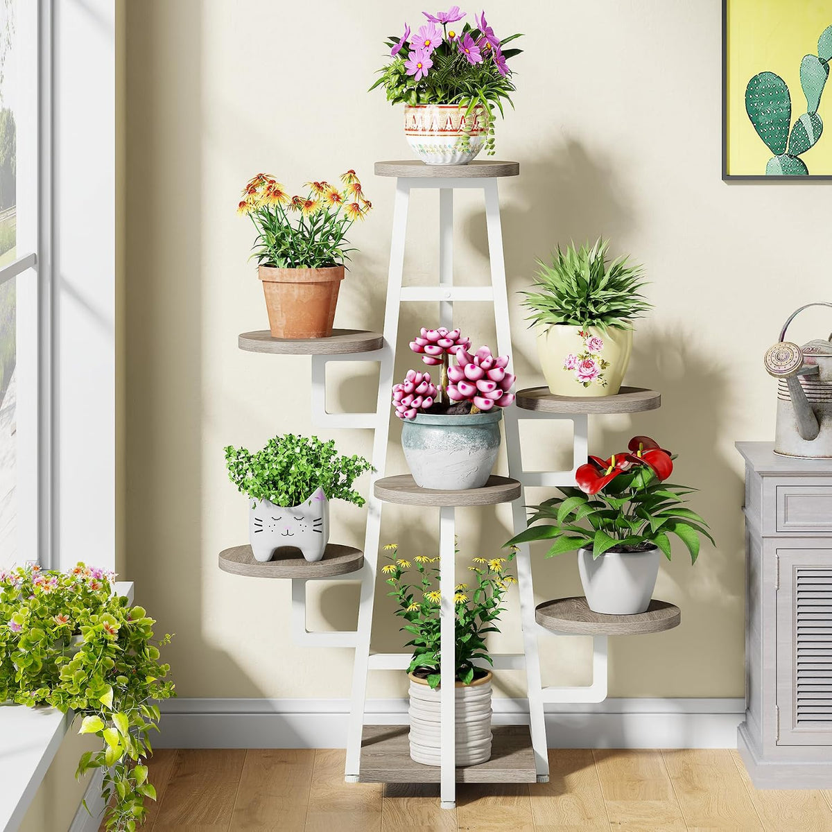Tribesigns 7 Tier Plant Stand Indoor, Tall Plant Shelf for Multiple Plants, Wooden Corner Plant Pots Holder Rack Flower Stand Shelf Planter Organizer for Living Room Balcony Garden, Beige Brown