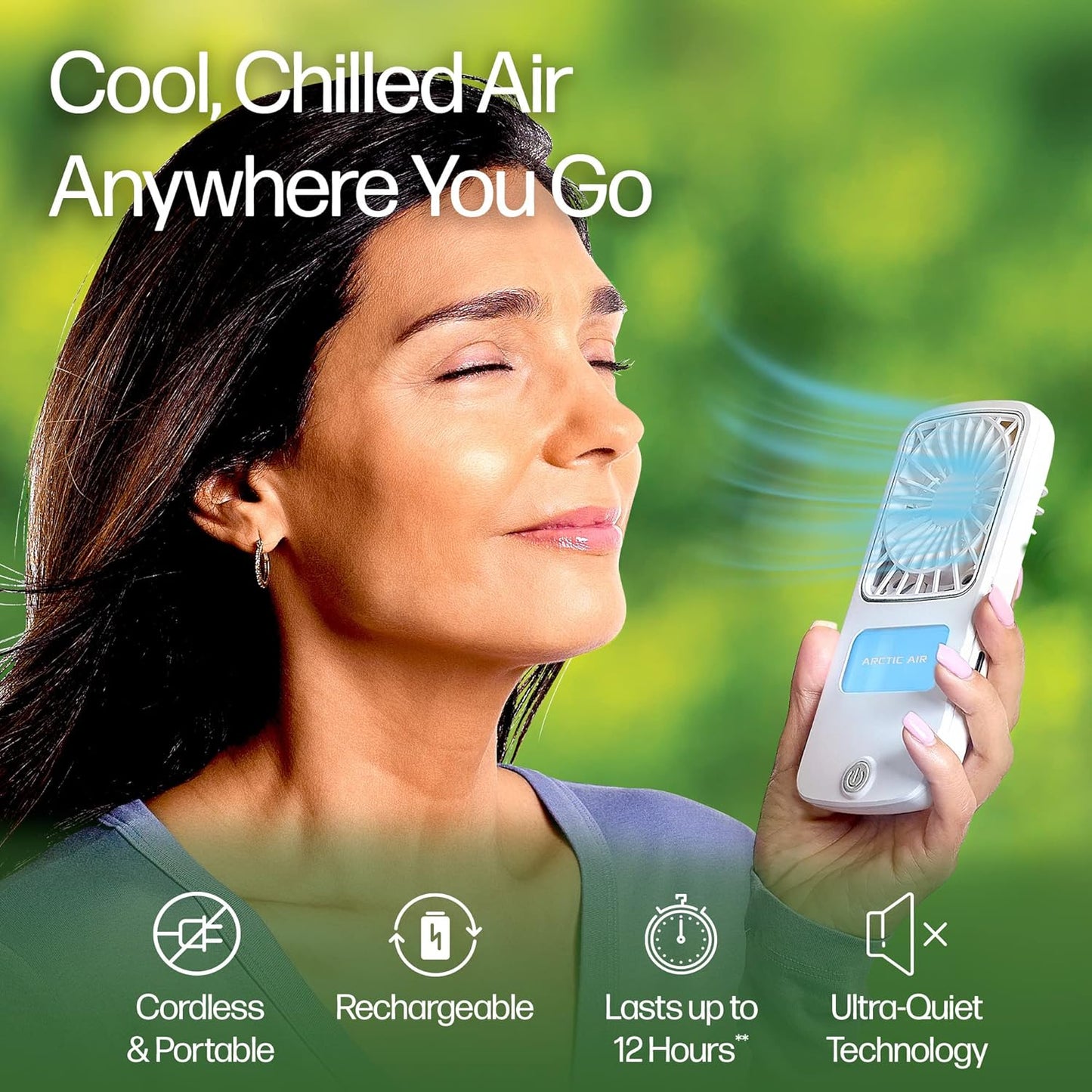 Arctic Air Portable Fan, Pocket Chill Handheld Mini Fan, Rechargeable Personal Air Cooler with Hydro-Chill Technology, 3 Speeds & Built-in-Kickstand, Cordless for Travel, Indoor or Outdoor Use