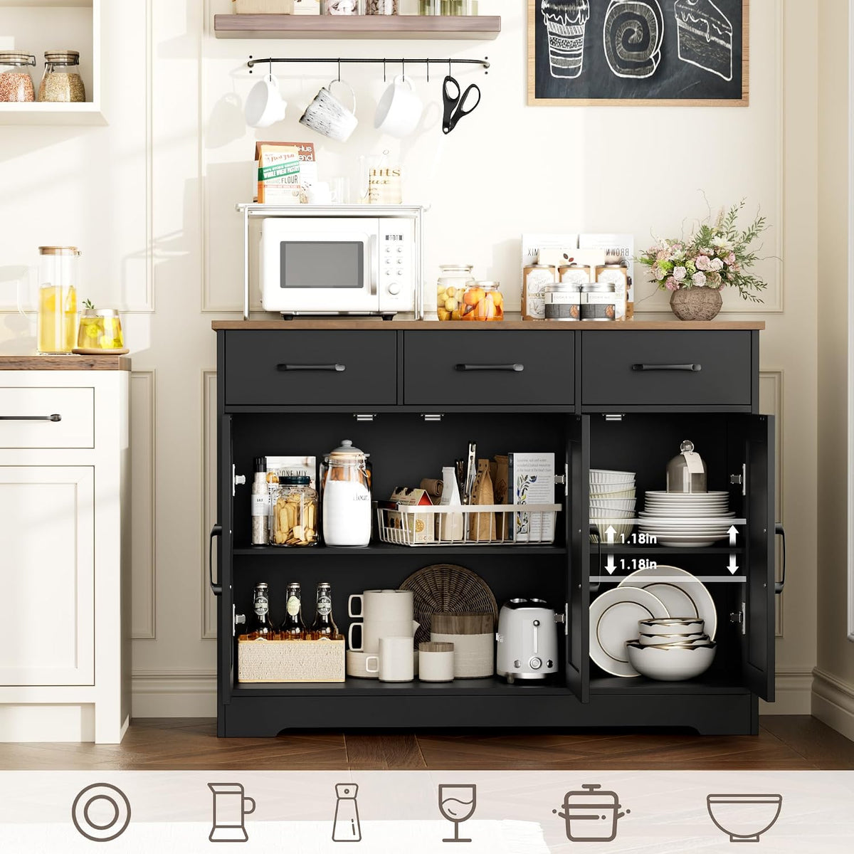 HOSTACK Kitchen Buffet Cabinet with Storage, Sideboard Coffee Bar, Black | Farmhouse Kitchen Storage Cabinet with 3 Drawers & Adjustable Shelf & Doors, 42.5"W Buffet Table for Dining Living Room