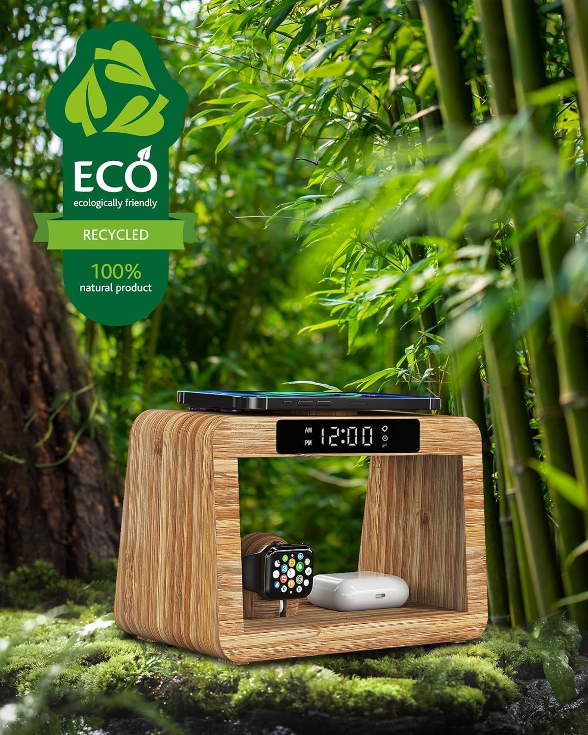 Bamboo Wireless Charging Station with Alarm Clock & Night Light, 3 in 1 Charging Station for iPhone 17/16/15/14/13/12/11 Pro Max/X/Xs, AirPods 4/3 & AirPods Pro 3/2/1/, Apple Watch Series