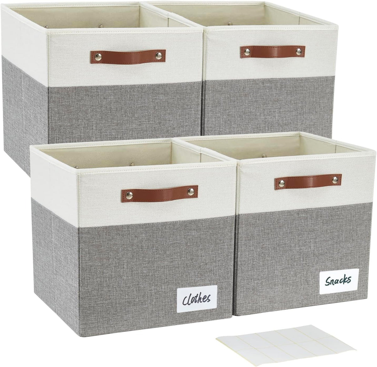 Bagnizer Collapsible Fabric Storage Cube Bins with 2 Reinforced PU Handles, Foldable Storage Organizer Baskets for Closet, Shelves, Living Room | 11"x11"x11", 4 Pack, Gray & White