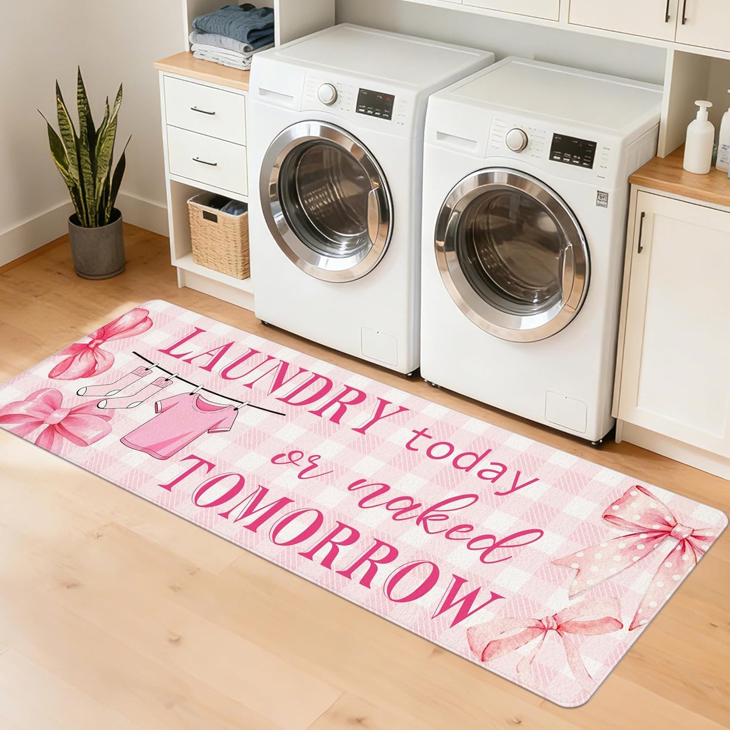 Washable Laundry Room Rug, 20"X47" Non Slip Laundry Mat Runner Soft Low-Pile Laundry Room Organization Farmhouse Decor Area Rug for Entryway Hallway Kitchen Bathroom Pink